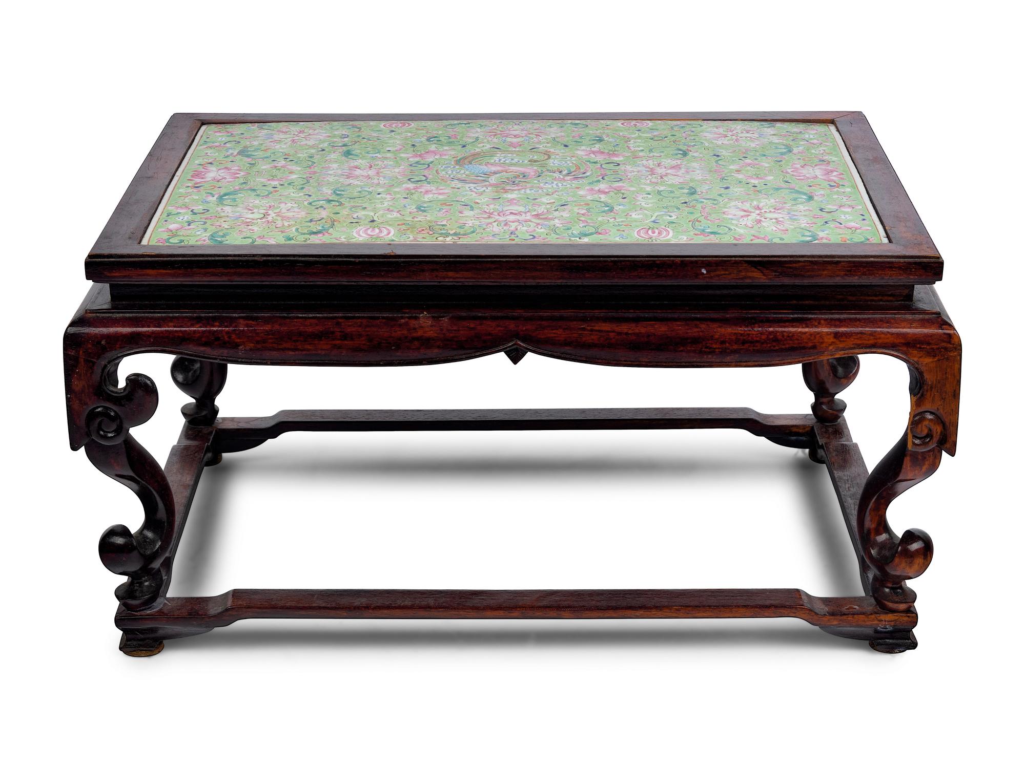A Lime Green-Ground Famille Rose Porcelain Plaque Inset Hardwood Kang Table