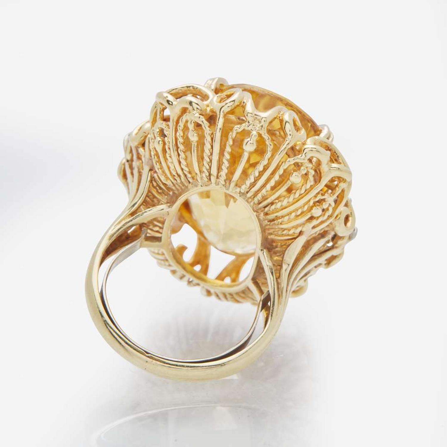 A 14K Yellow Gold, Citrine, and Diamond Ring