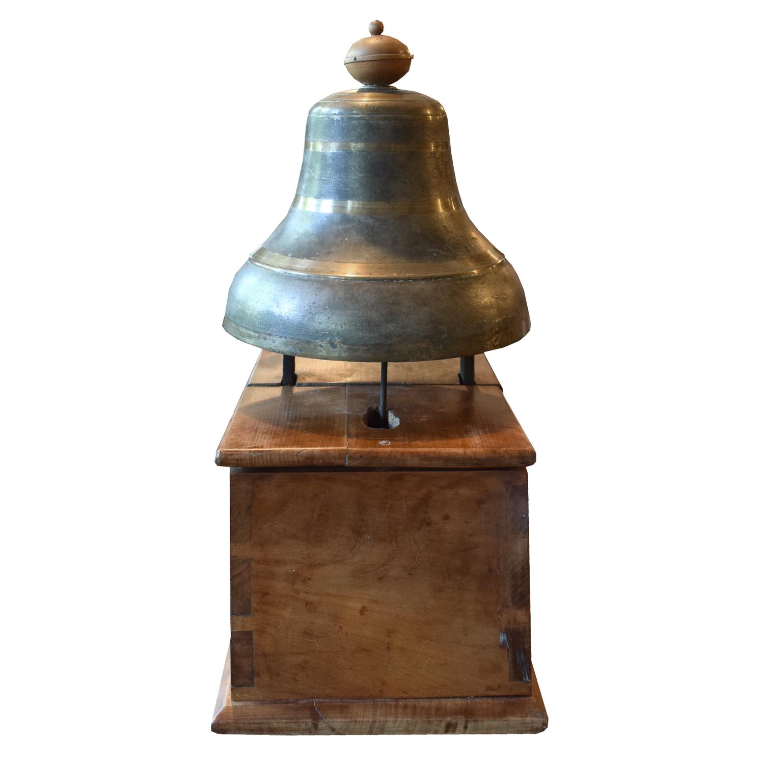A Bronze Time Clock Bell on Wood Base 13.5" W x 11.5" D x 24.5" H — Italy