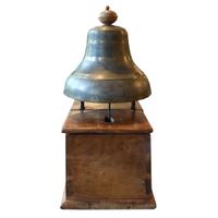 A Bronze Time Clock Bell on Wood Base 13.5" W x 11.5" D x 24.5" H — Italy