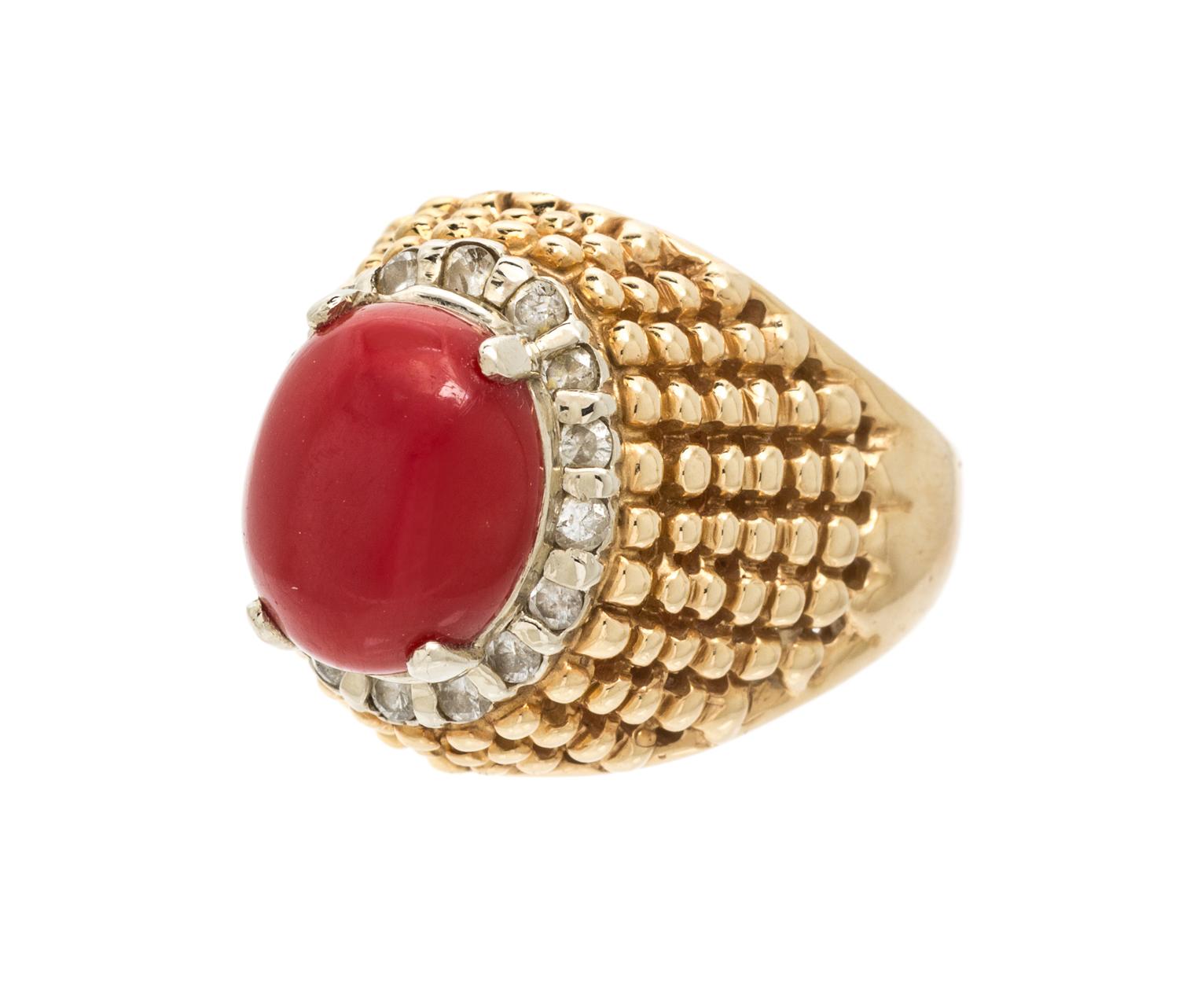 A Yellow Gold, Coral and Diamond Ring, 8.60 dwts.