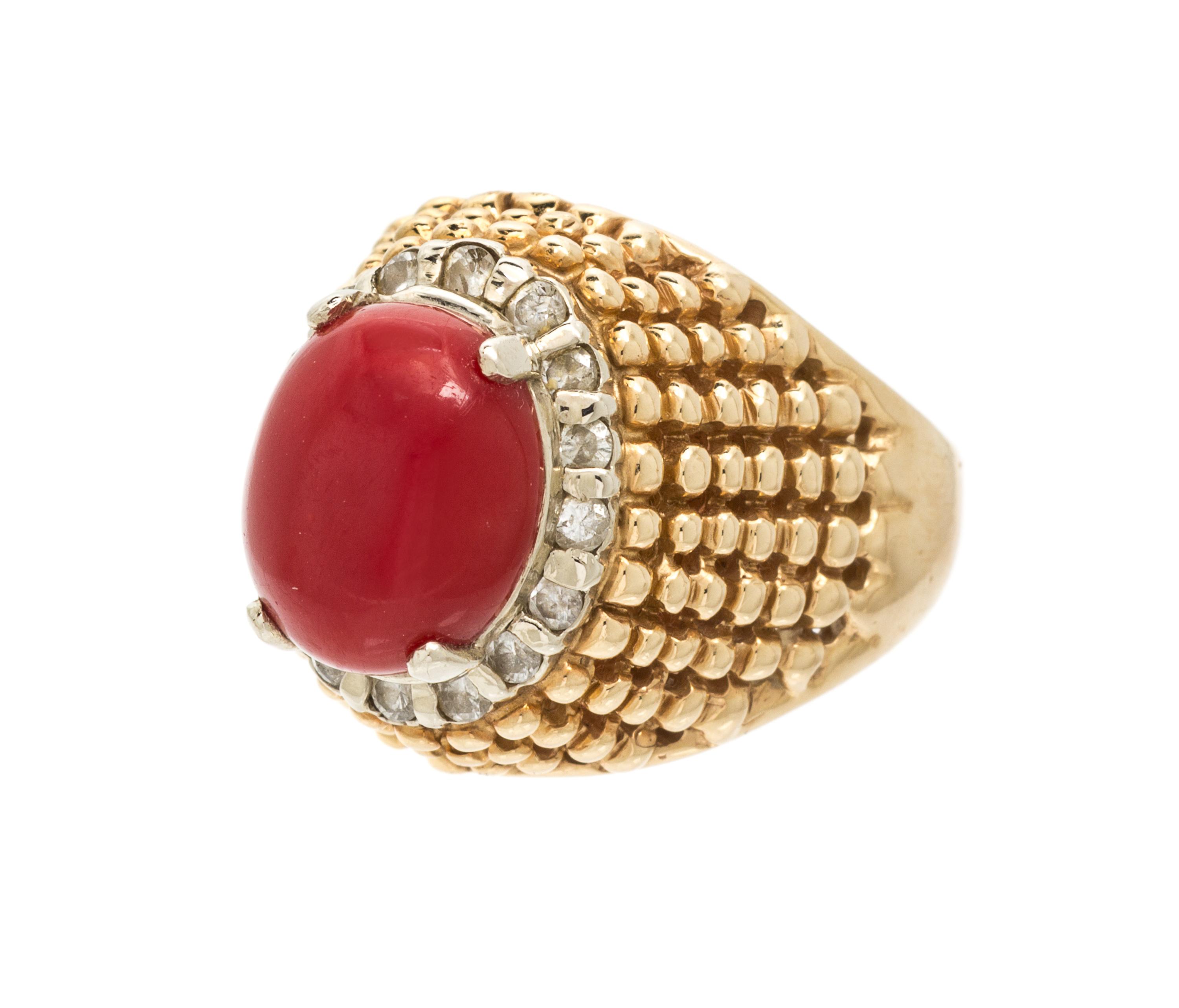 A Yellow Gold, Coral and Diamond Ring, 8.60 dwts.