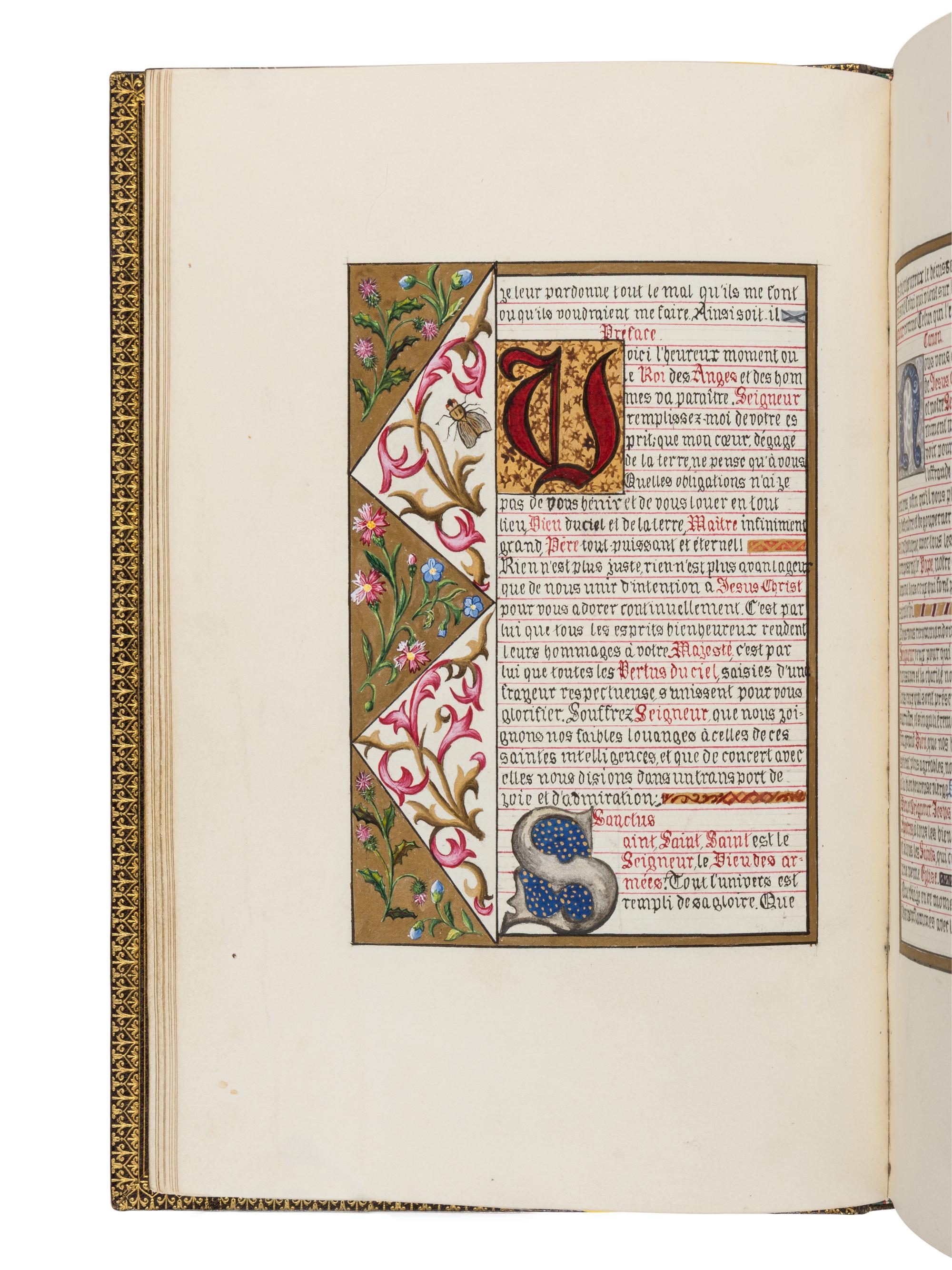 GOTHIC REVIVAL MANUSCRIPT Livre d’Heures [Marriage book offered on the occasion of the wedding of Paul Champion with Julie Rayel, 14 February 1882: “14 février Julie Rayel unie à Paul Champion 1882” ] in French, illuminated manuscript on paper, with illuminated and historiated bracket borders and seven full-page miniatures, France, Paris, c. 1882 (or little before).