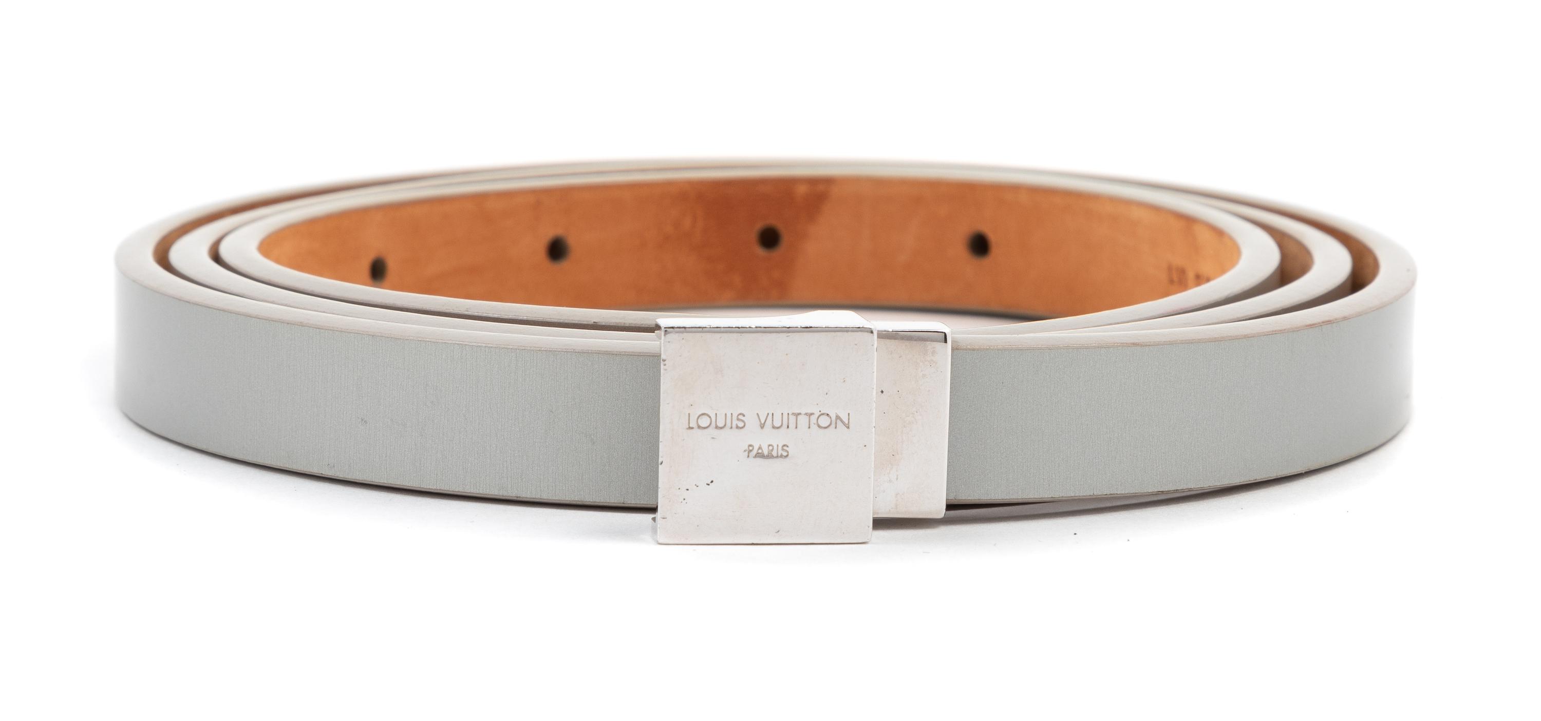 Louis Vuitton Gray Leather Belt with Silvertone Buckle, 2000s