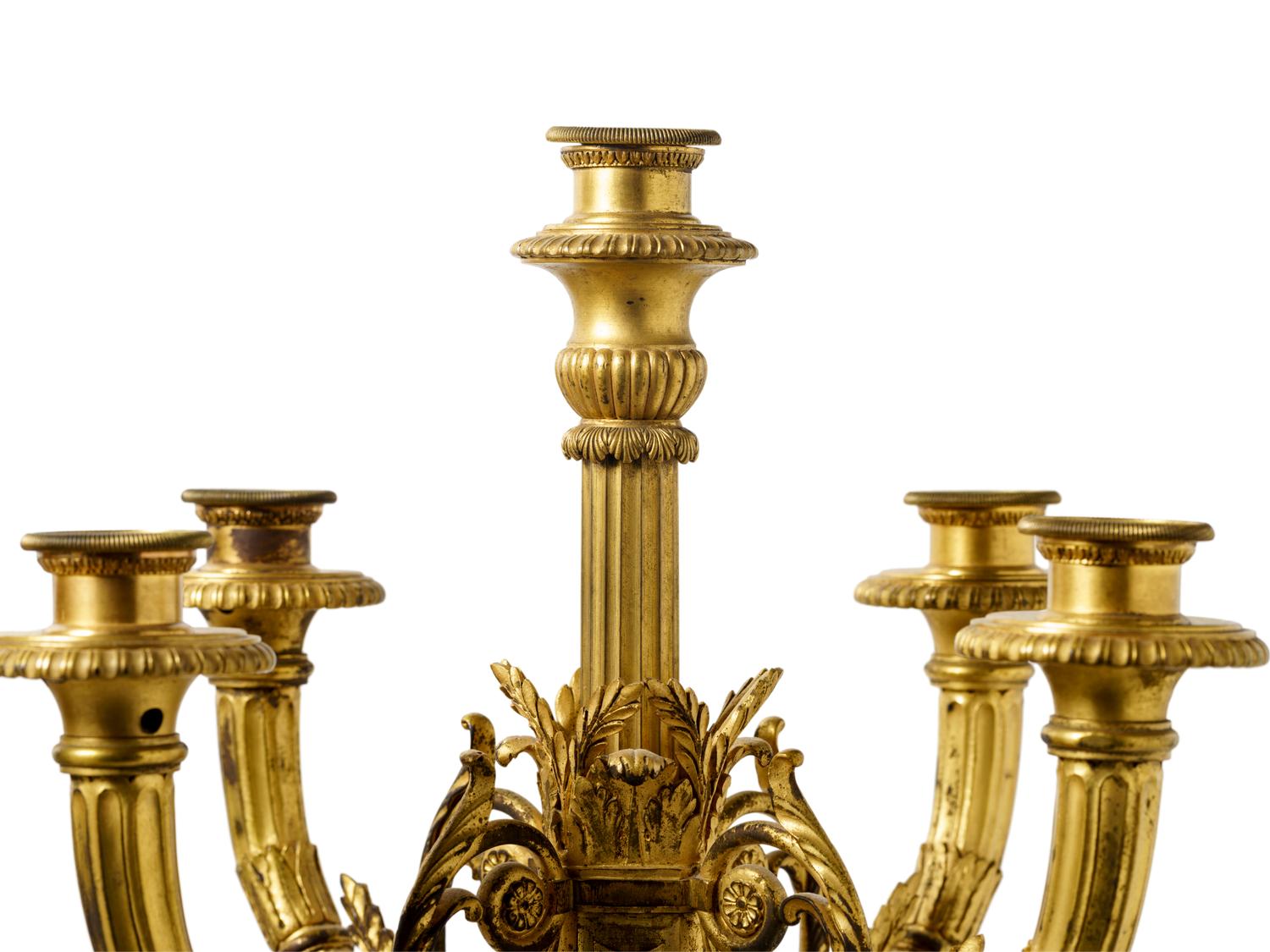 A Pair of Empire Style Gilt Bronze Five-Light Candelabra