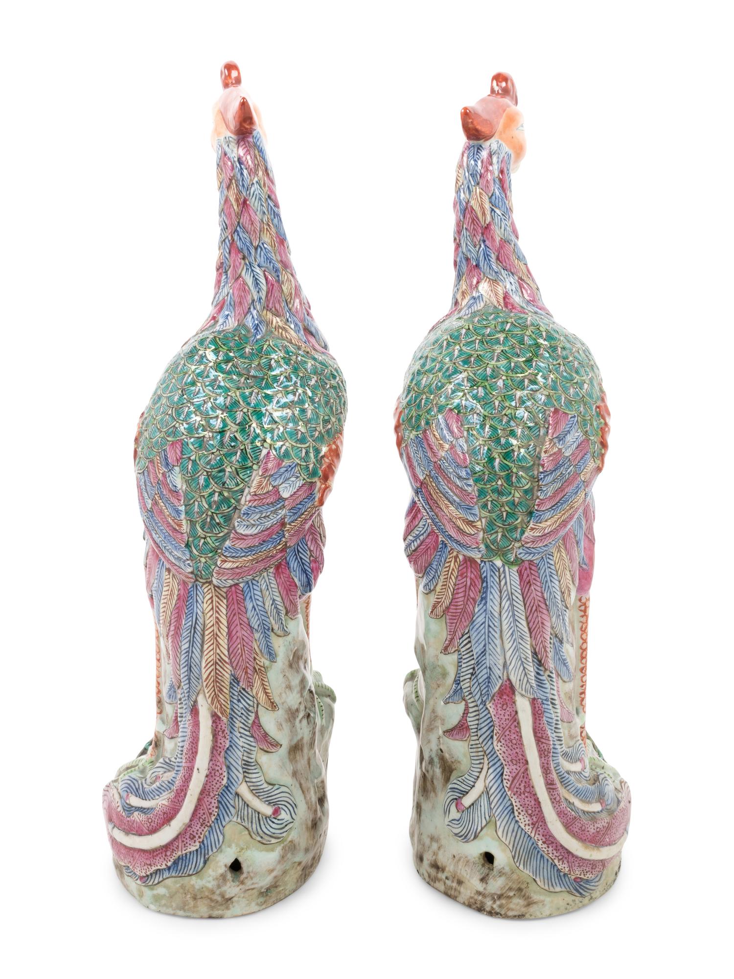 A Pair of Chinese Enameled Porcelain Phoenix Birds