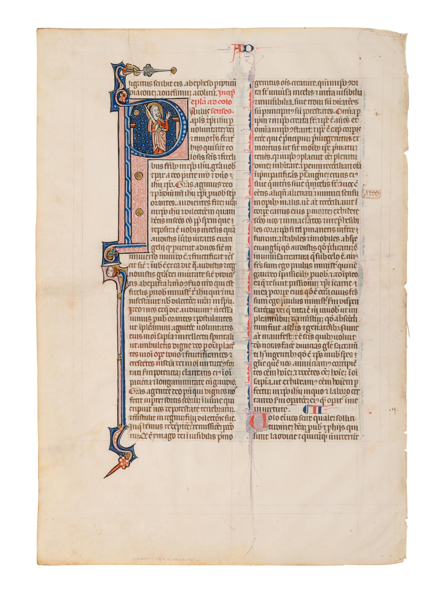 UNKNOWN SOUTH FRENCH ILLUMINATOR A leaf from the Mailhac-Faber Bible, with an historiated initial ‘C’ of a Colossian, and an historiated initial ‘P’ of St. Paul, in Latin, illuminated manuscript on parchment [Southern France, late thirteenth or early fourteenth century]