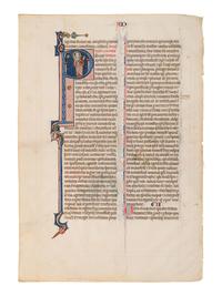 UNKNOWN SOUTH FRENCH ILLUMINATOR A leaf from the Mailhac-Faber Bible, with an historiated initial ‘C’ of a Colossian, and an historiated initial ‘P’ of St. Paul, in Latin, illuminated manuscript on parchment [Southern France, late thirteenth or early fourteenth century]