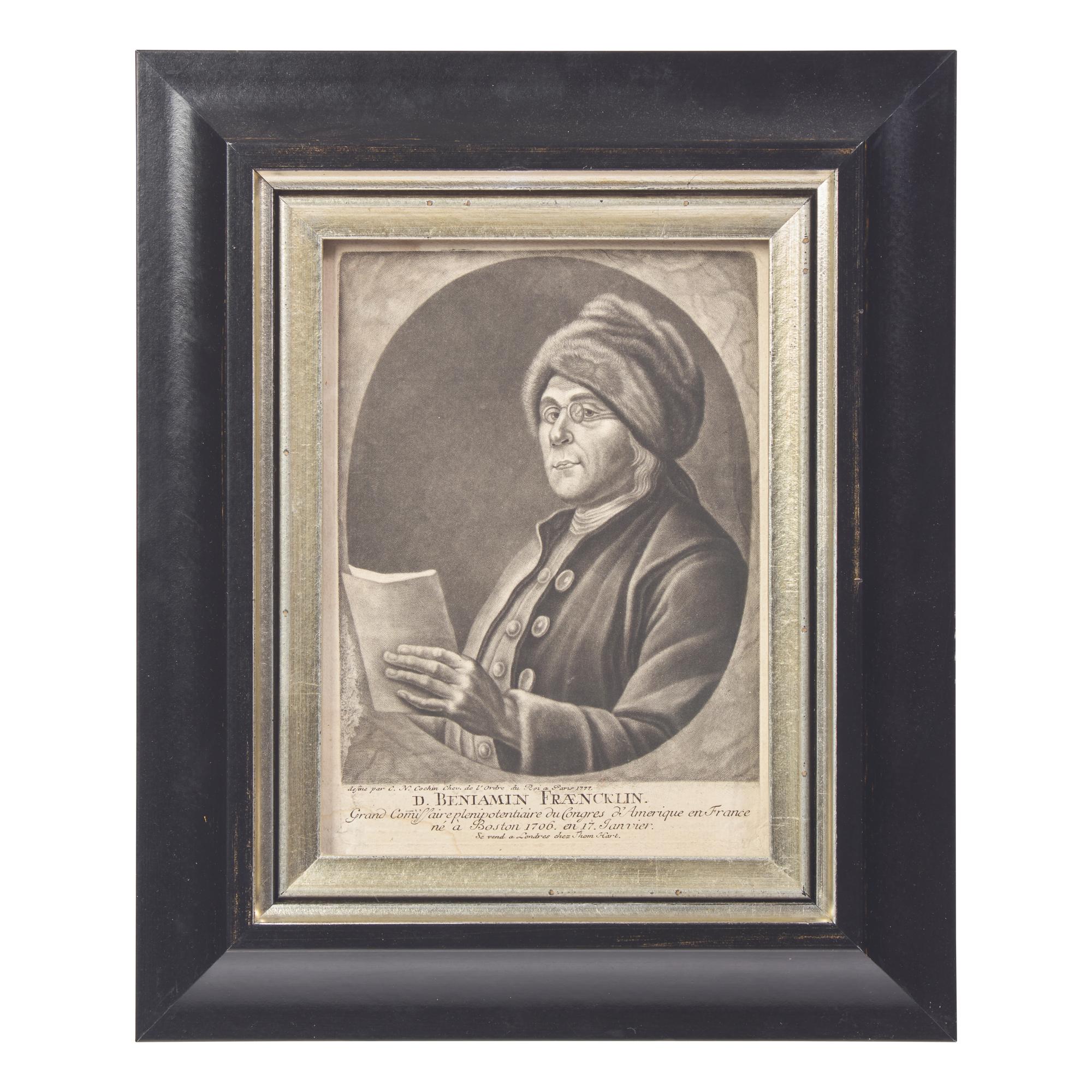 After Charles Nicolas Cochin II (French, 1715-1790), A Mezzotint of Benjamin Franklin, or "D. Benjamin Fraencklin. Grand Commissaire plenipotentiare du Congres d'Amerique en France ne a Boston 1706. en 17. Janvier."