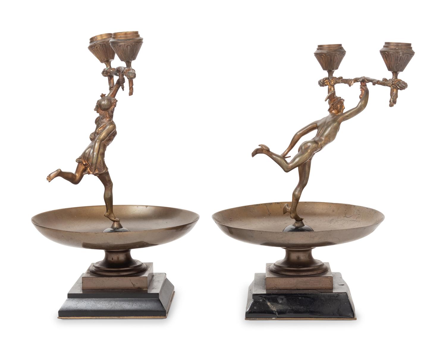 A Pair of French Cast Metal Figural Two-Light Candelabra