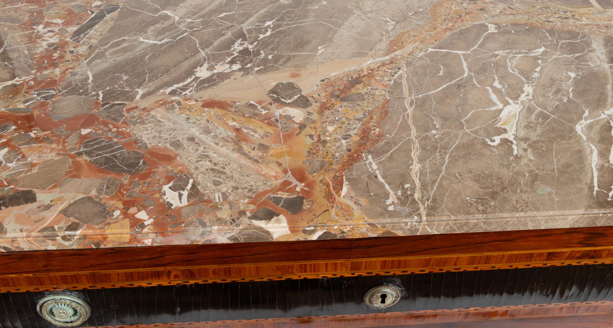 A North Italian Neoclassical Palisander, Ebony and Marquetry Marble-Top Bureau Commode