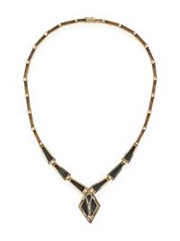 YELLOW GOLD, ONYX, AND DIAMOND NECKLACE