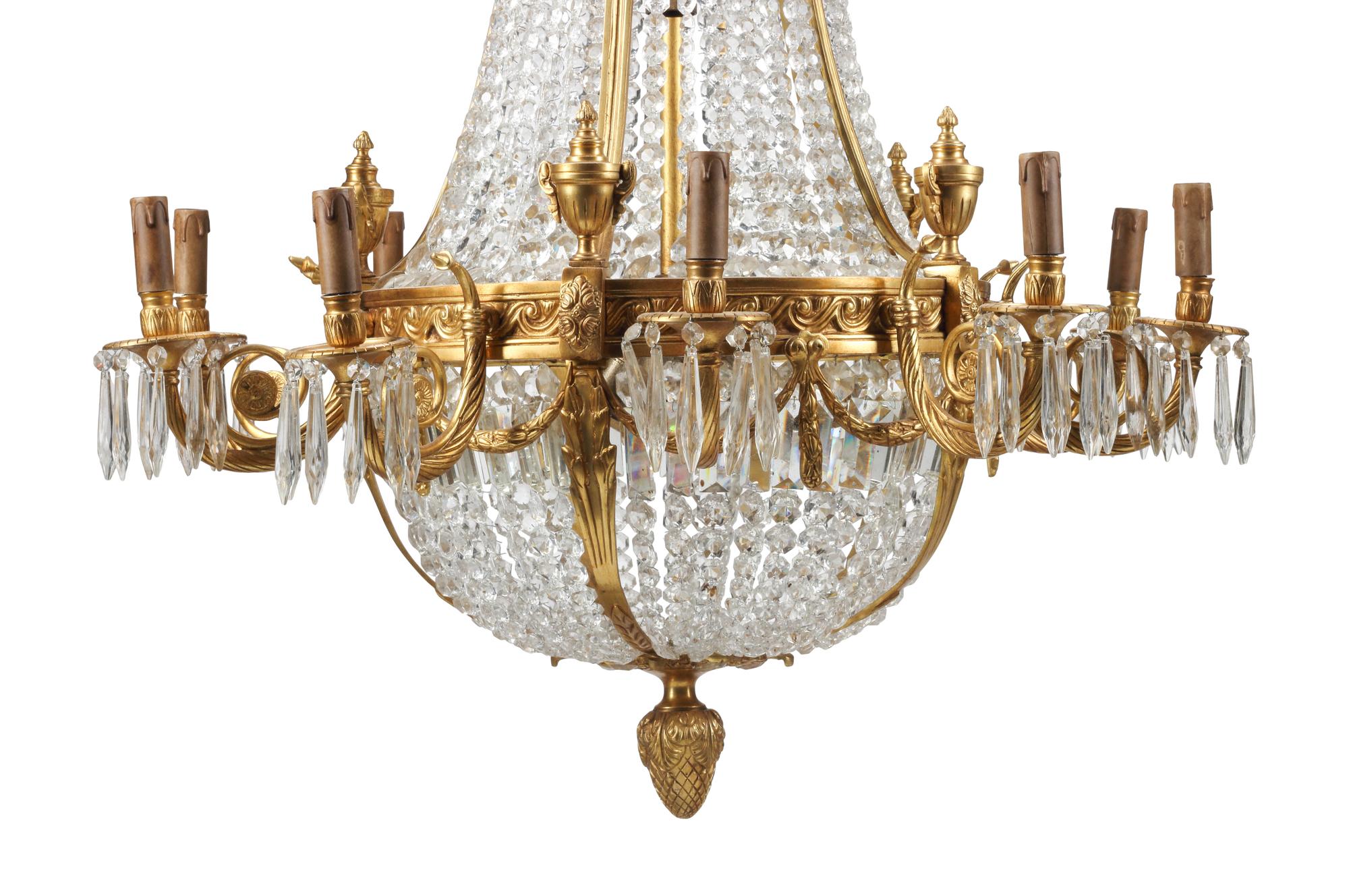 A Pair of French Neoclassical Style Gilt Bronze and Cut Glass Ten-Light Chandeliers