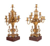 A Pair of Napoleon III Gilt Bronze and Rouge Marble Nine-Light Candelabra