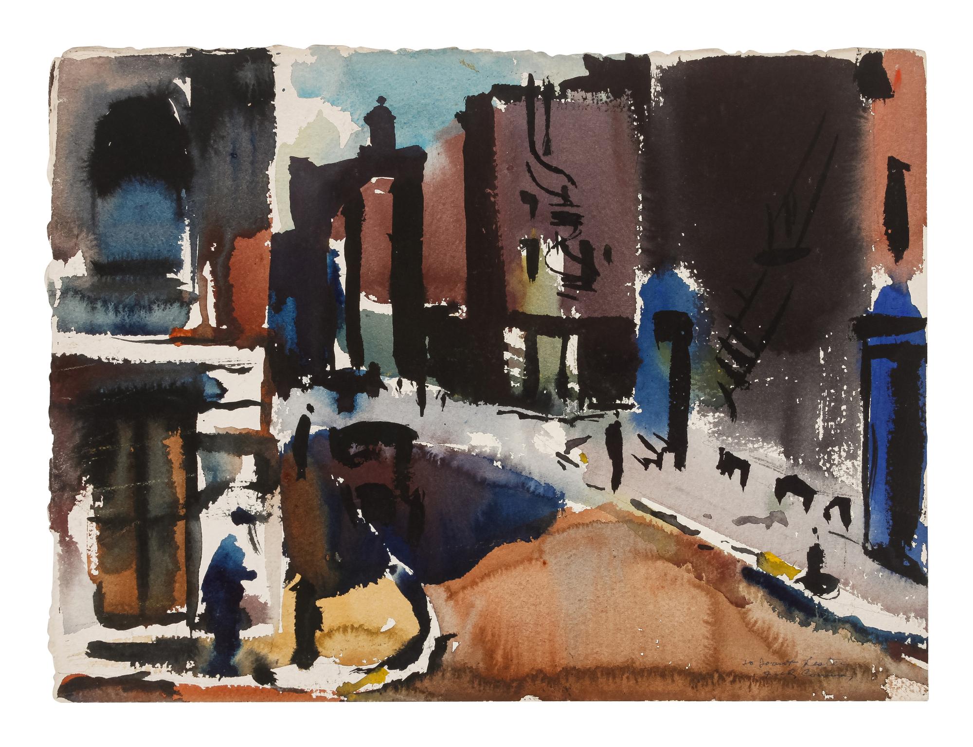 Three works: Harbor Scene; Street Scene and Docked Boat