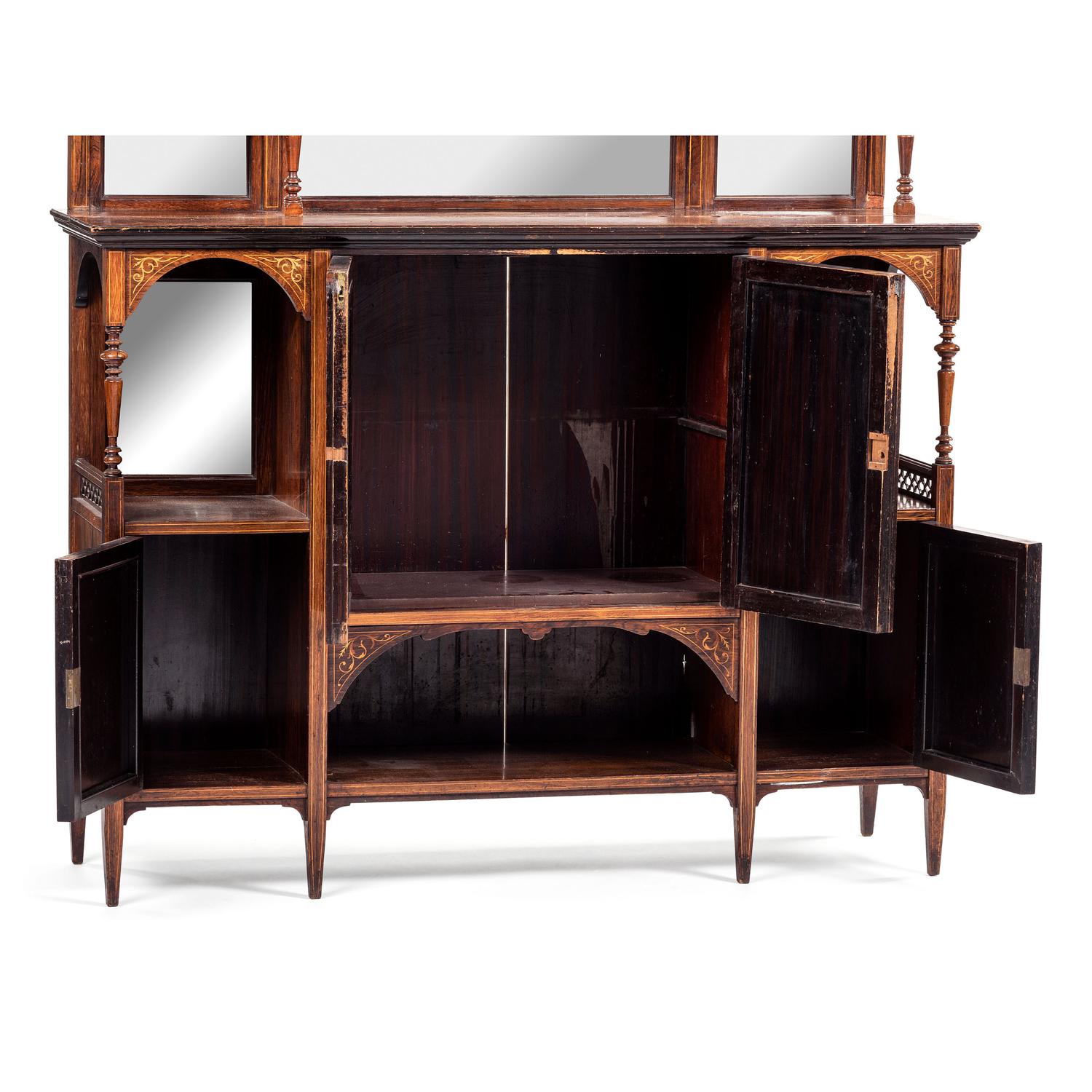 An Aesthetic Movement Mirrored and Inlaid Walnut Step-Back Cabinet