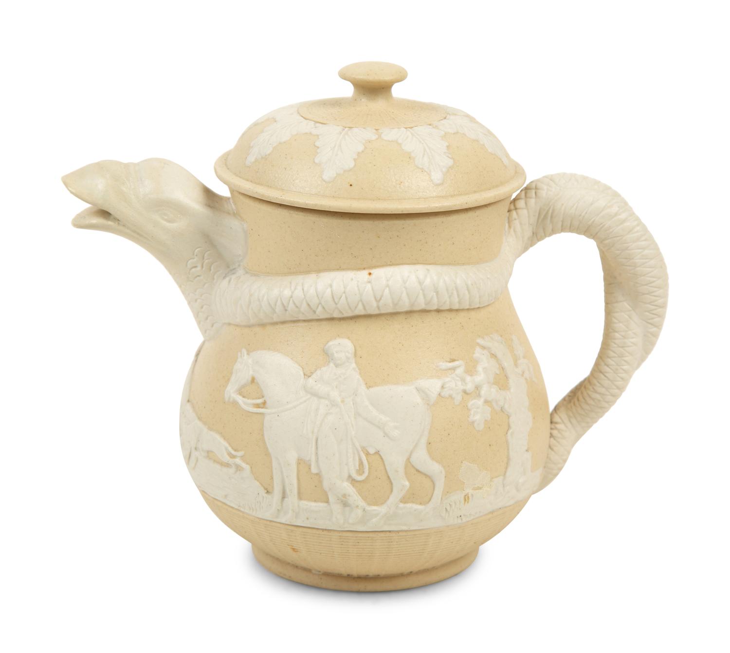 A Collection of Nine English Salt Glazed Relief Form Teapots, Pitchers and Creamers — 19TH/20TH CENTURY