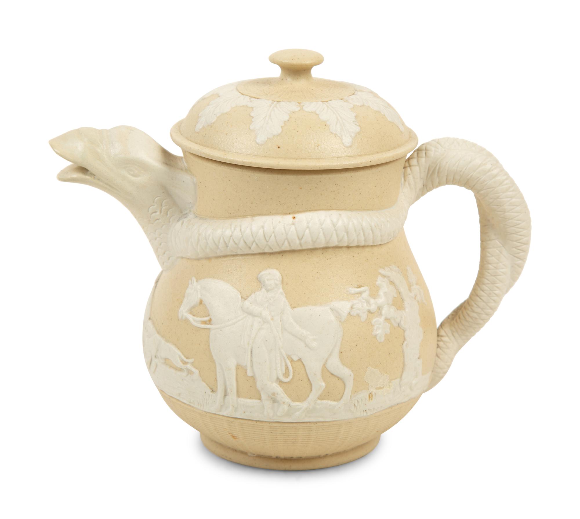 A Collection of Nine English Salt Glazed Relief Form Teapots, Pitchers and Creamers — 19TH/20TH CENTURY