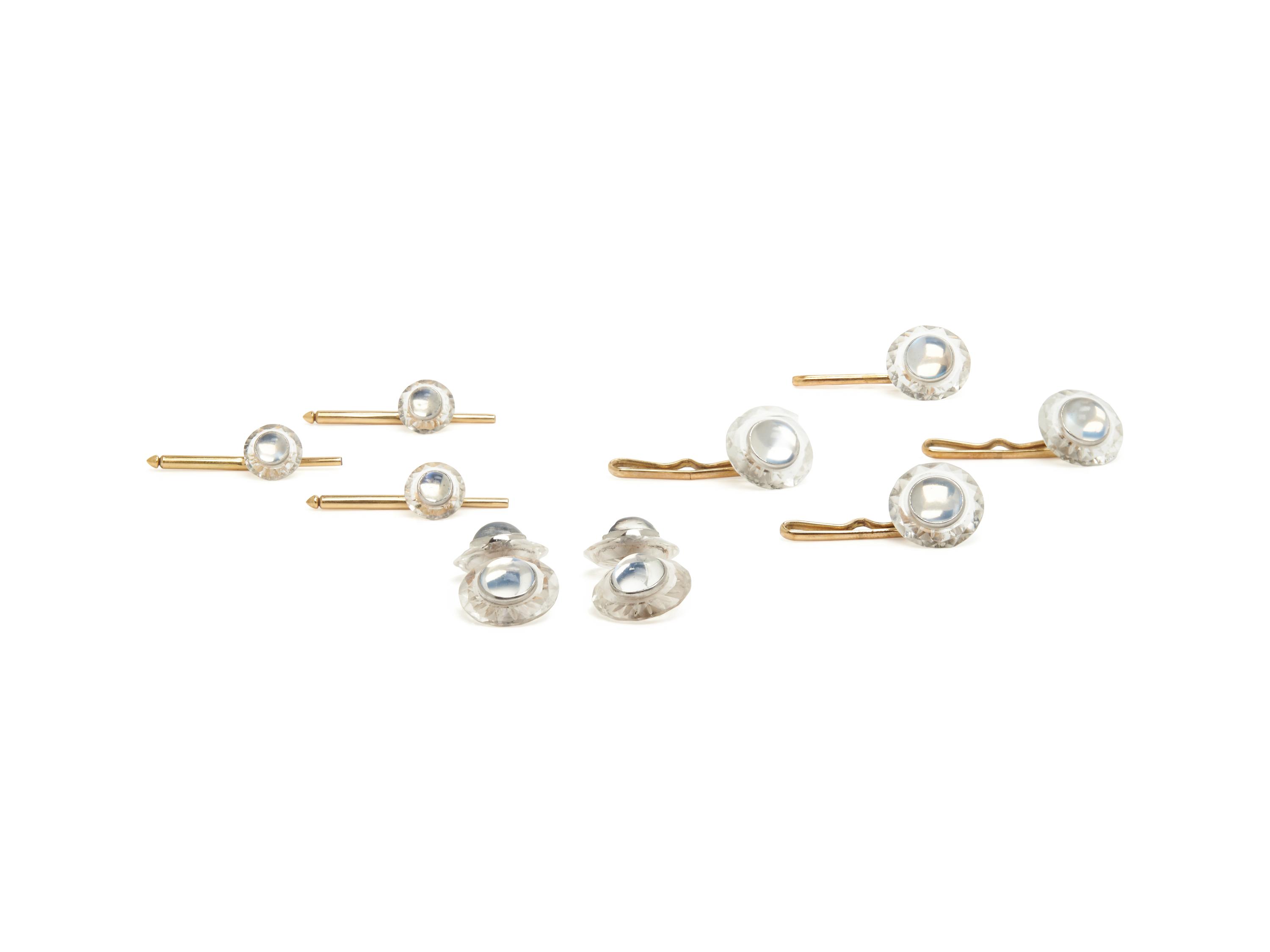 ART DECO, BICOLOR GOLD, MOONSTONE AND ROCK CRYSTAL DRESS SET