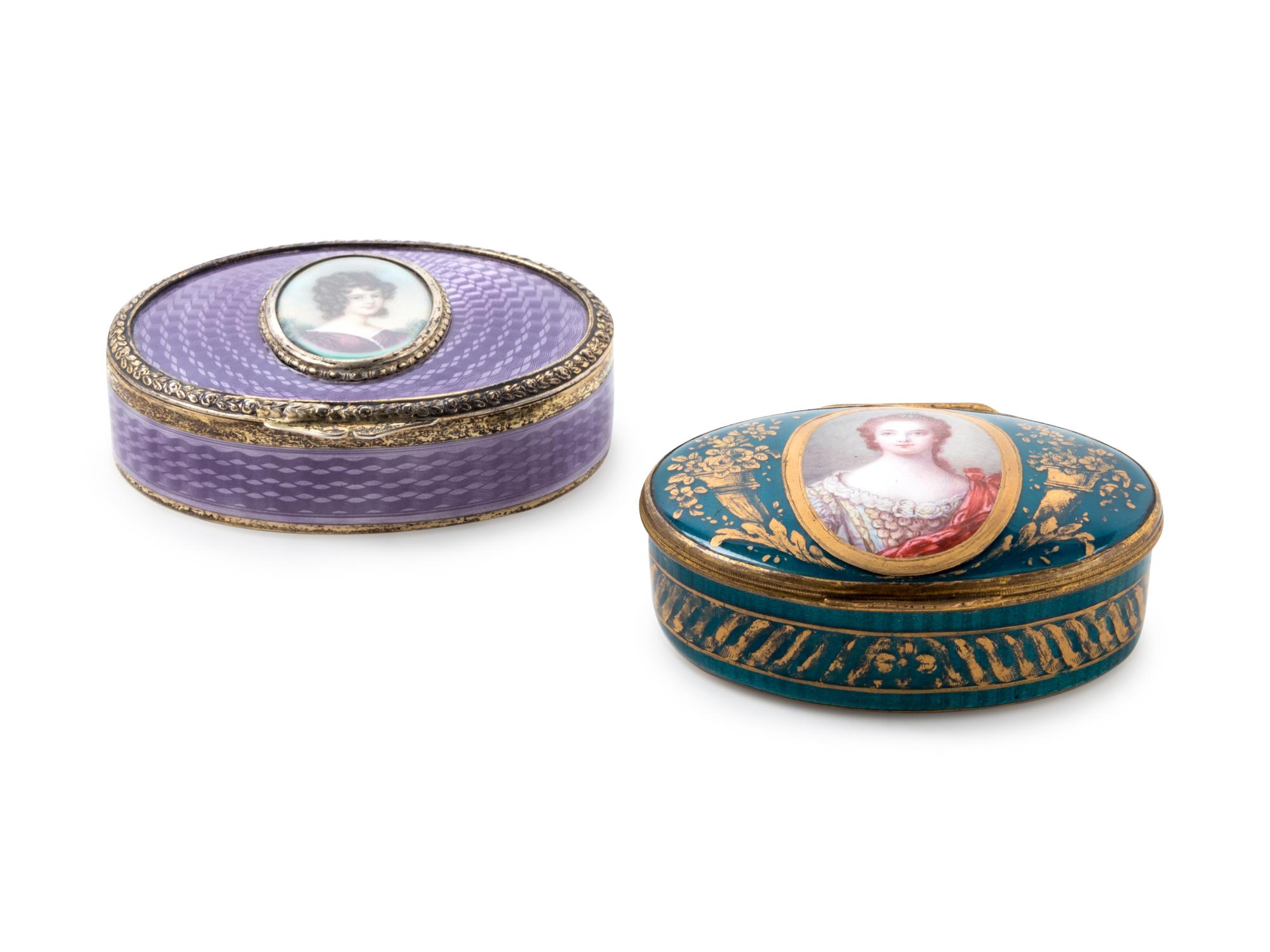 Two Continental Engine-Turned Enamel and Portrait Decorated Boxes