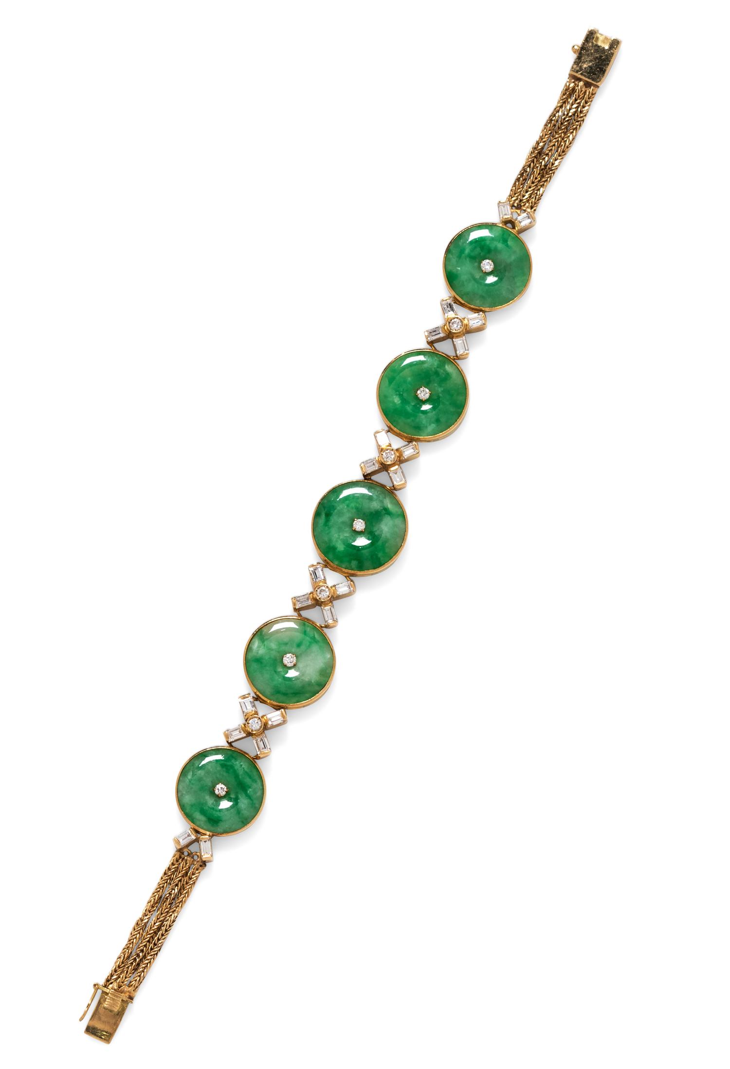 An 18 Karat Yellow Gold, Jade Bi and Diamond Bracelet,