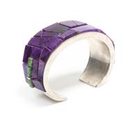 A Pascua Yaqui Silver, Sugilite and Turquoise Cuff, Na Na Ping (Michael Garcia, b. 1953) Length 7 1/4 plus opening 1 1/8 x width 1 3/8