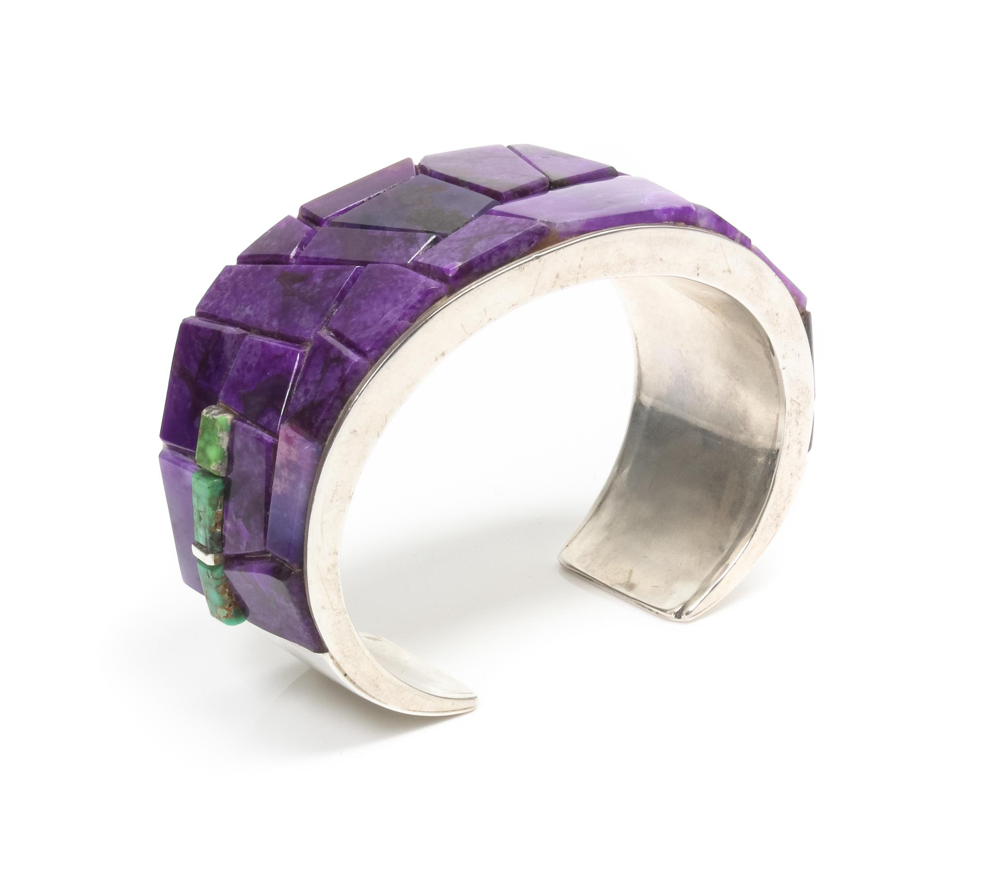 A Pascua Yaqui Silver, Sugilite and Turquoise Cuff, Na Na Ping (Michael Garcia, b. 1953) Length 7 1/4 plus opening 1 1/8 x width 1 3/8
