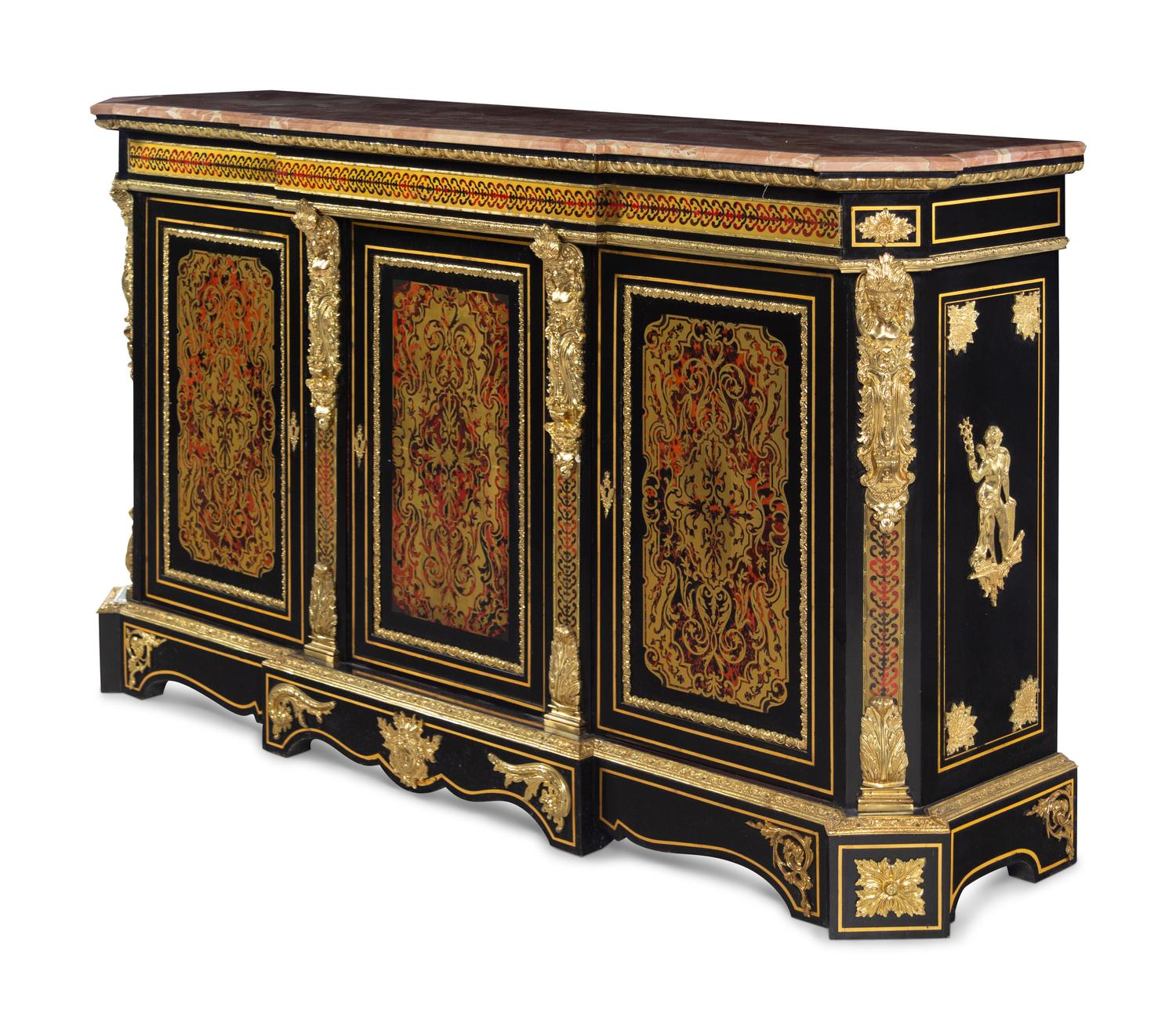A Napoleon III Style Simulated Tortoiseshell and Brass Inlaid Marble-Top Sideboard