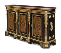 A Napoleon III Style Simulated Tortoiseshell and Brass Inlaid Marble-Top Sideboard
