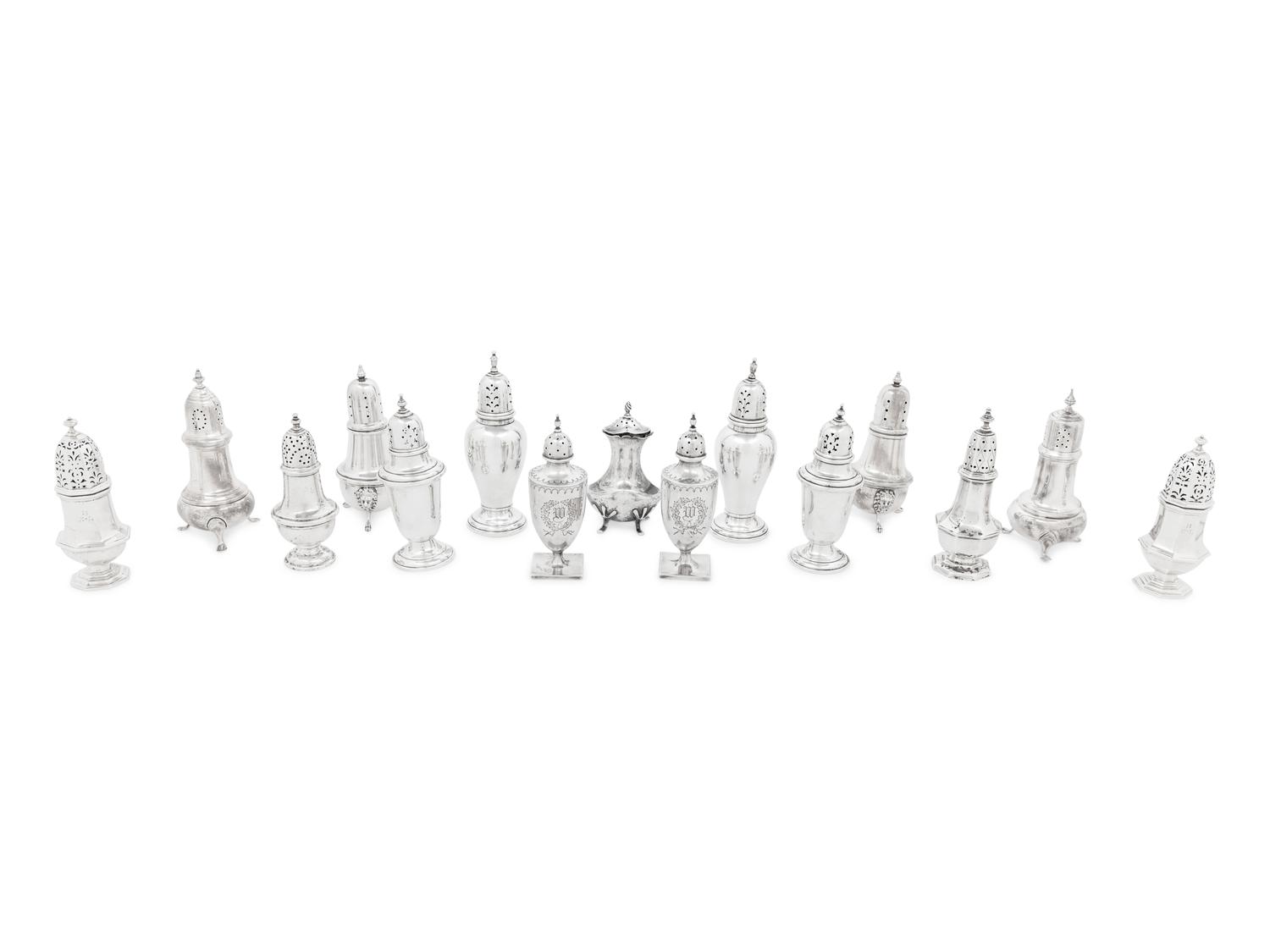 A Collection of Fifteen English and American Silver Casters