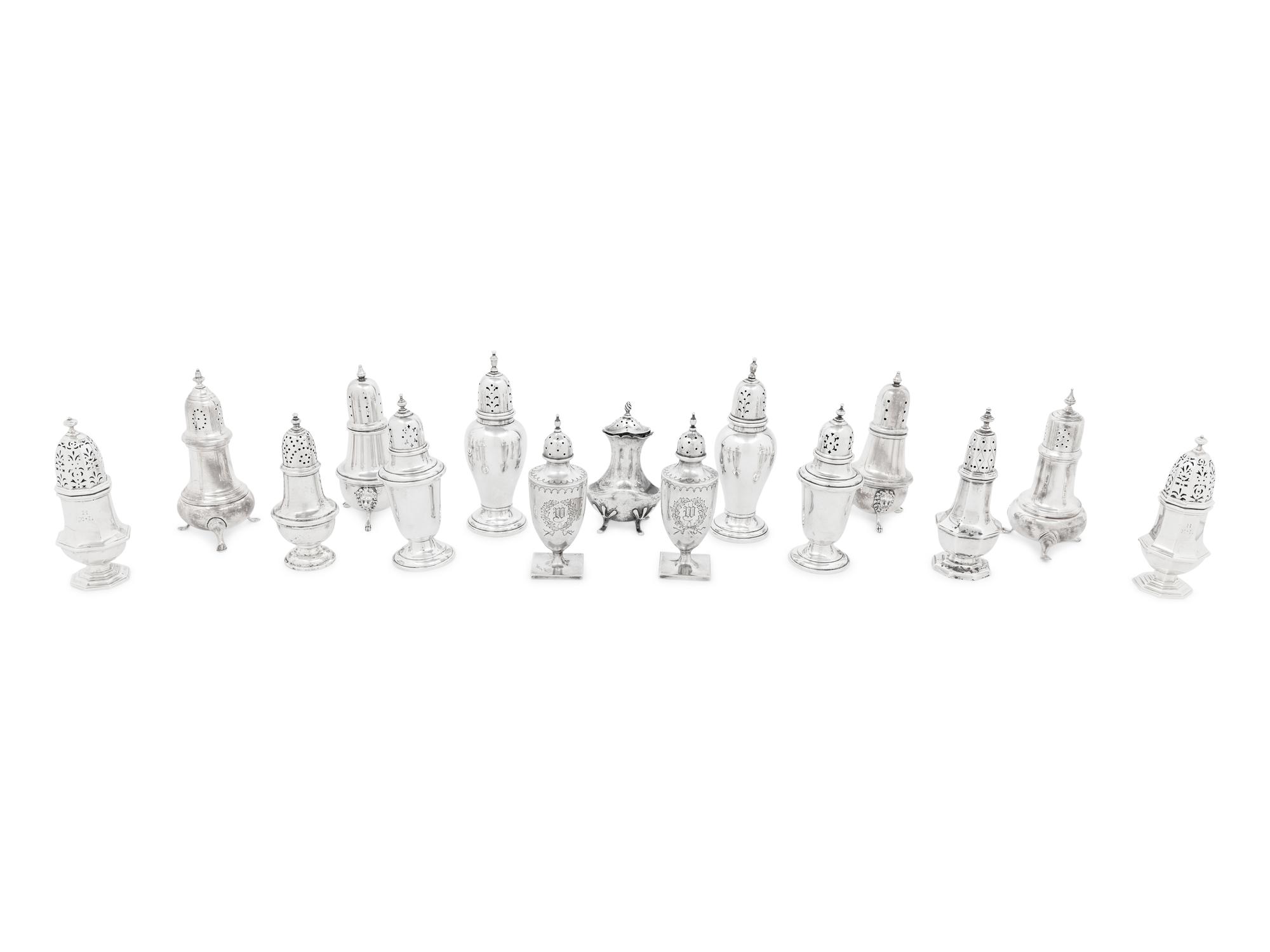 A Collection of Fifteen English and American Silver Casters