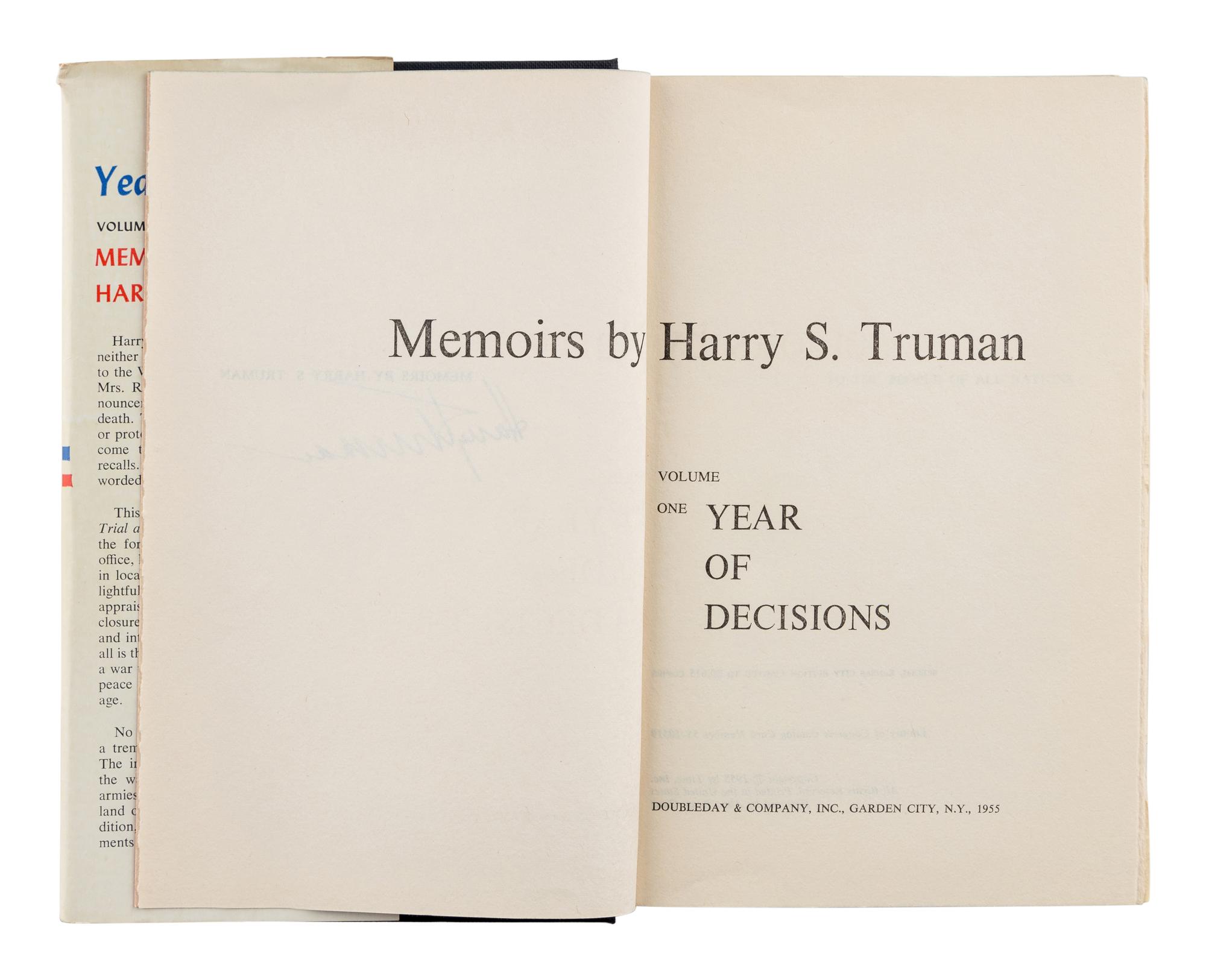TRUMAN, Harry S. (1884-1972). Memoirs: Year of Decisions. Garden City: Doubleday & Company, Inc., 1955.