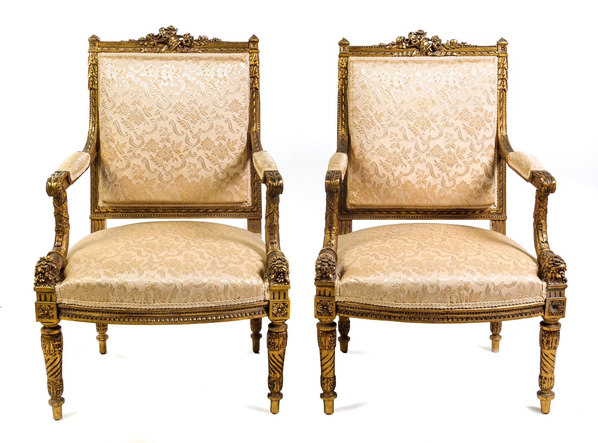 A Pair of Louis XVI Style Giltwood Fauteuils Height 37 1/2 inches. — 19TH CENTURY