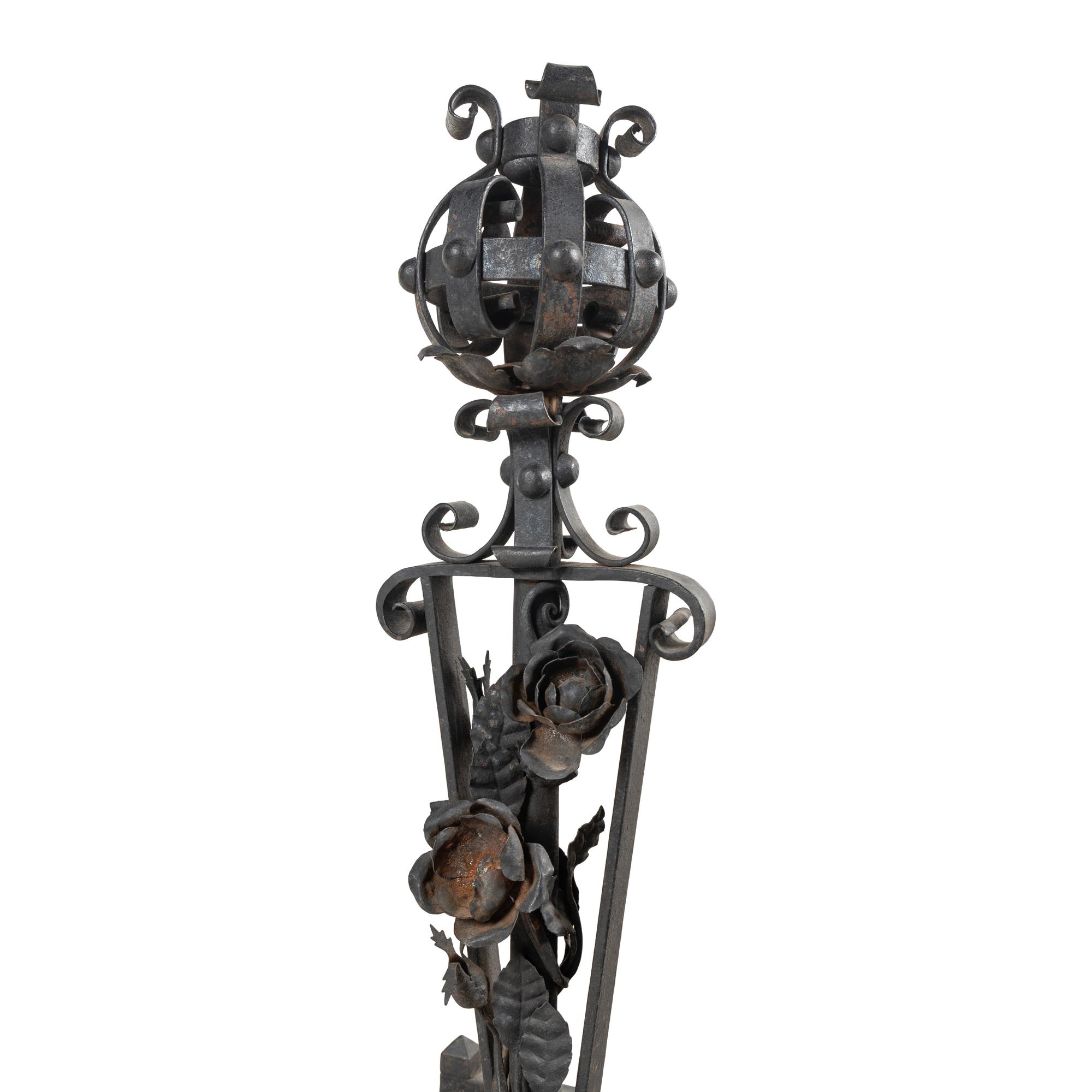 A Pair of Baroque Style Wrought Iron Andirons