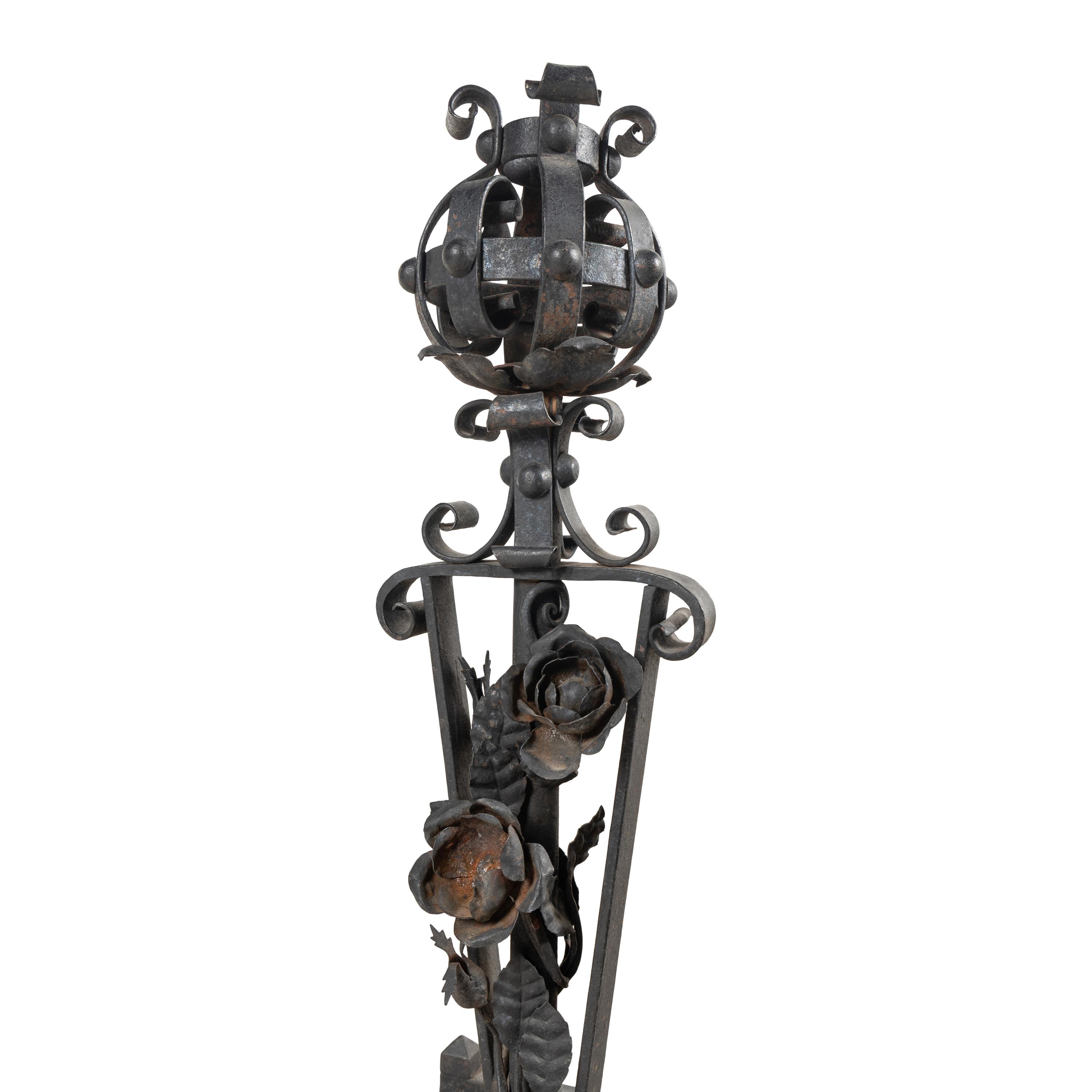 A Pair of Baroque Style Wrought Iron Andirons