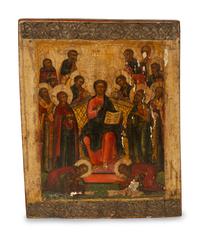 A Painted Russian Icon of Christ Enthroned Surrounded by Saints and a Brass Four-Panel Travel Prayer Icon