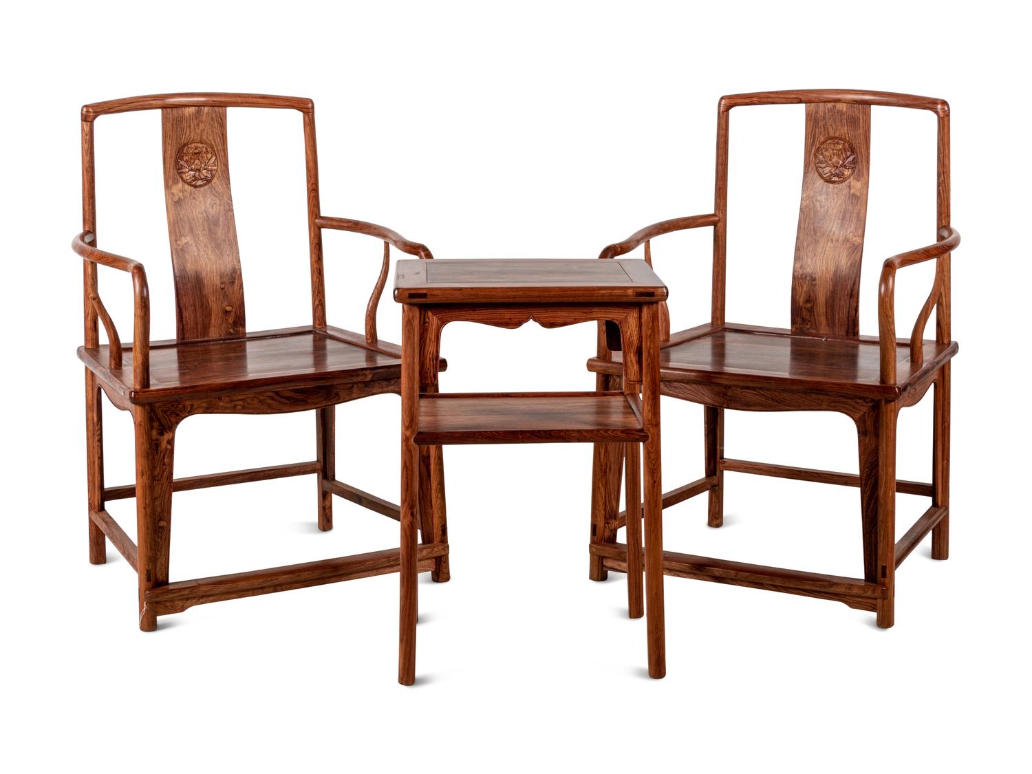 A Set of Chinese Huanghuali Armchairs and Side Table, Nanguanmaoyi