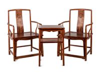 A Set of Chinese Huanghuali Armchairs and Side Table, Nanguanmaoyi