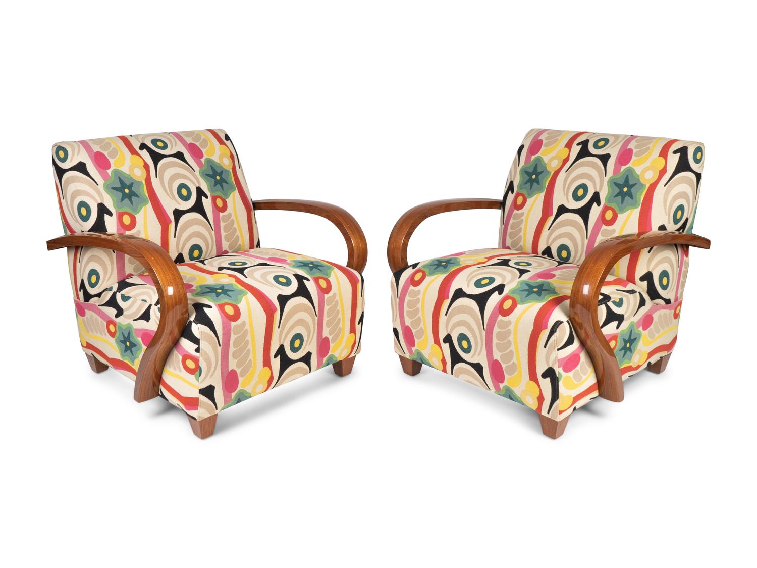 A Pair of Bentwood Lounge Chairs in Clarence House fabric