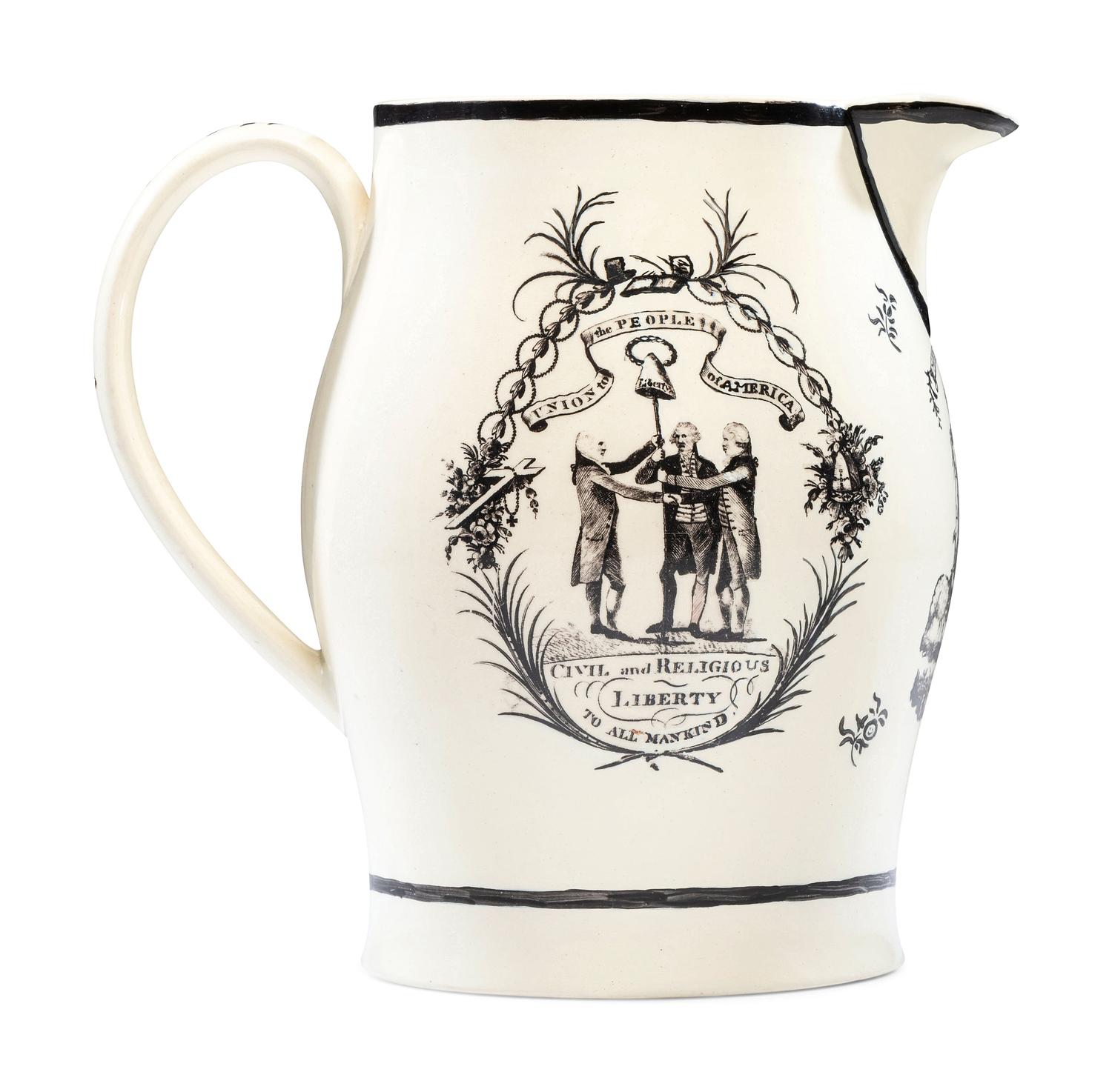 A Rare Liverpool Transfer-Printed Creamware 'Union to the People of America' Pitcher
