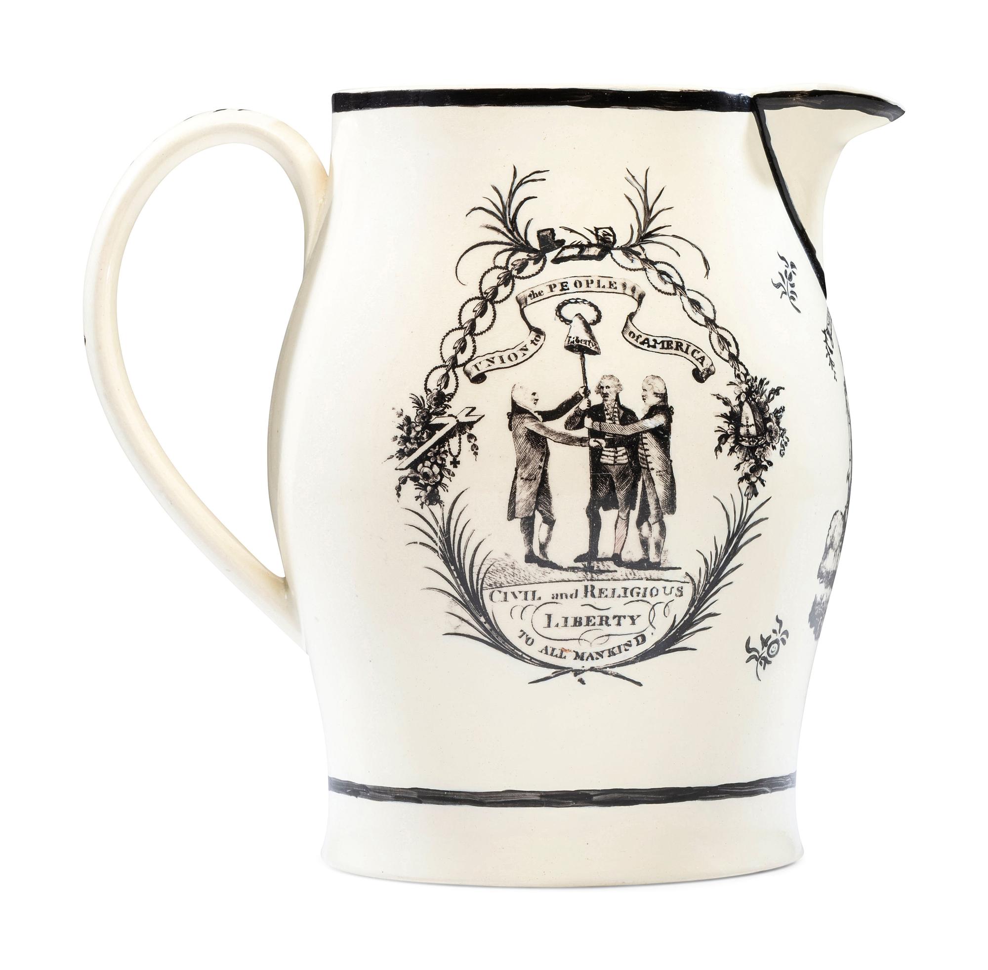 A Rare Liverpool Transfer-Printed Creamware 'Union to the People of America' Pitcher
