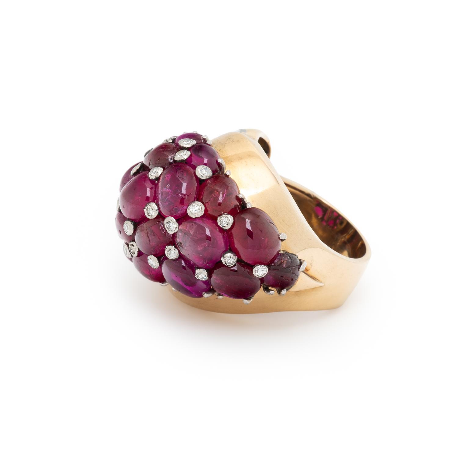 RETRO, RUBY, DIAMOND, AND YELLOW GOLD RING