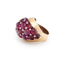 RETRO, RUBY, DIAMOND, AND YELLOW GOLD RING