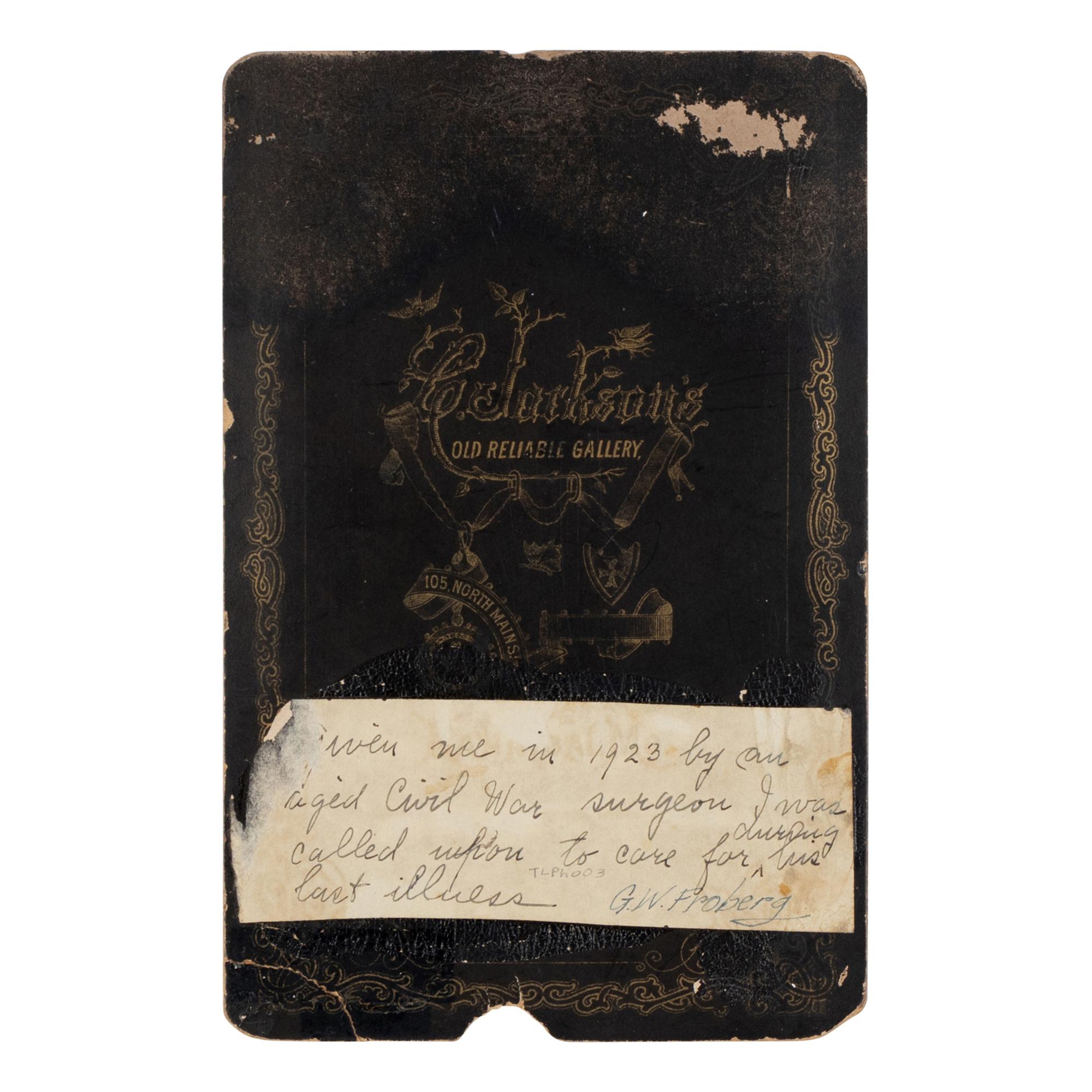 [LINCOLN-DOUGLAS DEBATES]. -- [JACKSON, Calvin (1820-1888), photographer]. A cabinet card photograph of a beardless Lincoln taken from an ambrotype, 1 October 1858 [but ca 1880s].