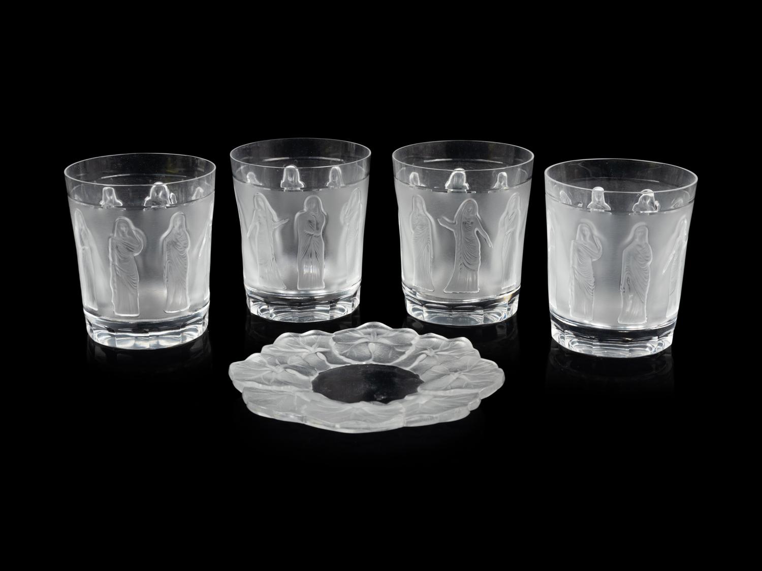 A Set of Four Lalique Femmes Tumblers and a Lalique Honfleur Dish