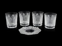A Set of Four Lalique Femmes Tumblers and a Lalique Honfleur Dish