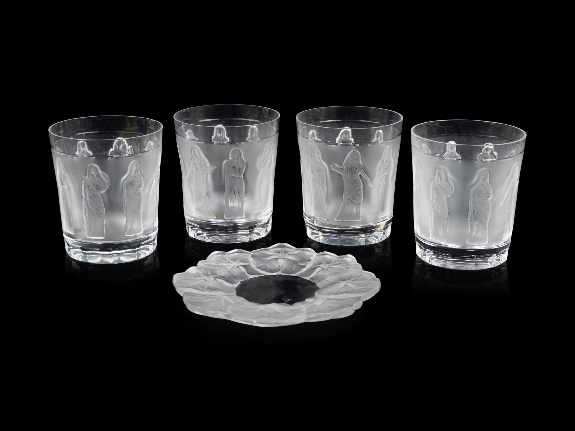 A Set of Four Lalique Femmes Tumblers and a Lalique Honfleur Dish