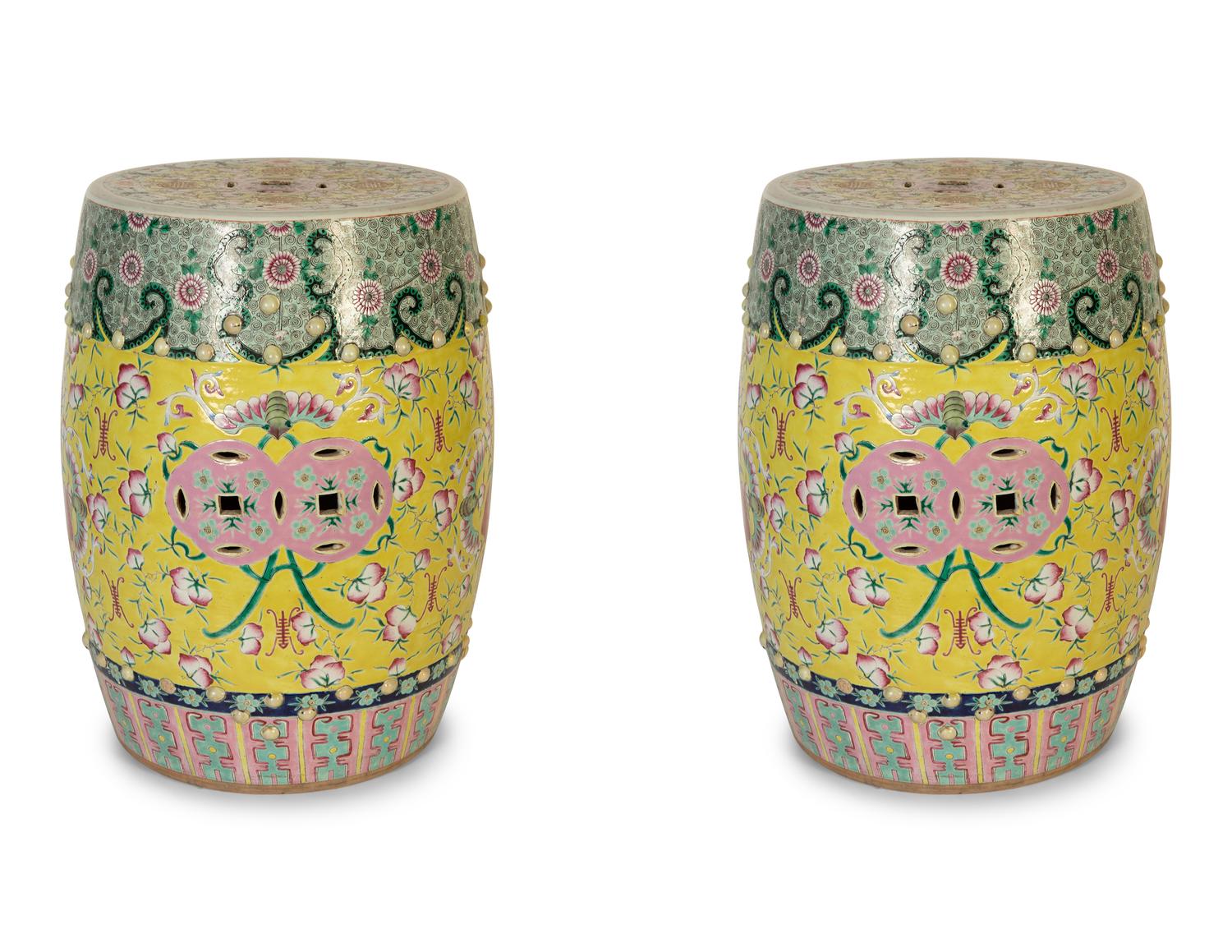 A Pair of Chinese Export Famille Jaune Porcelain Garden Seats