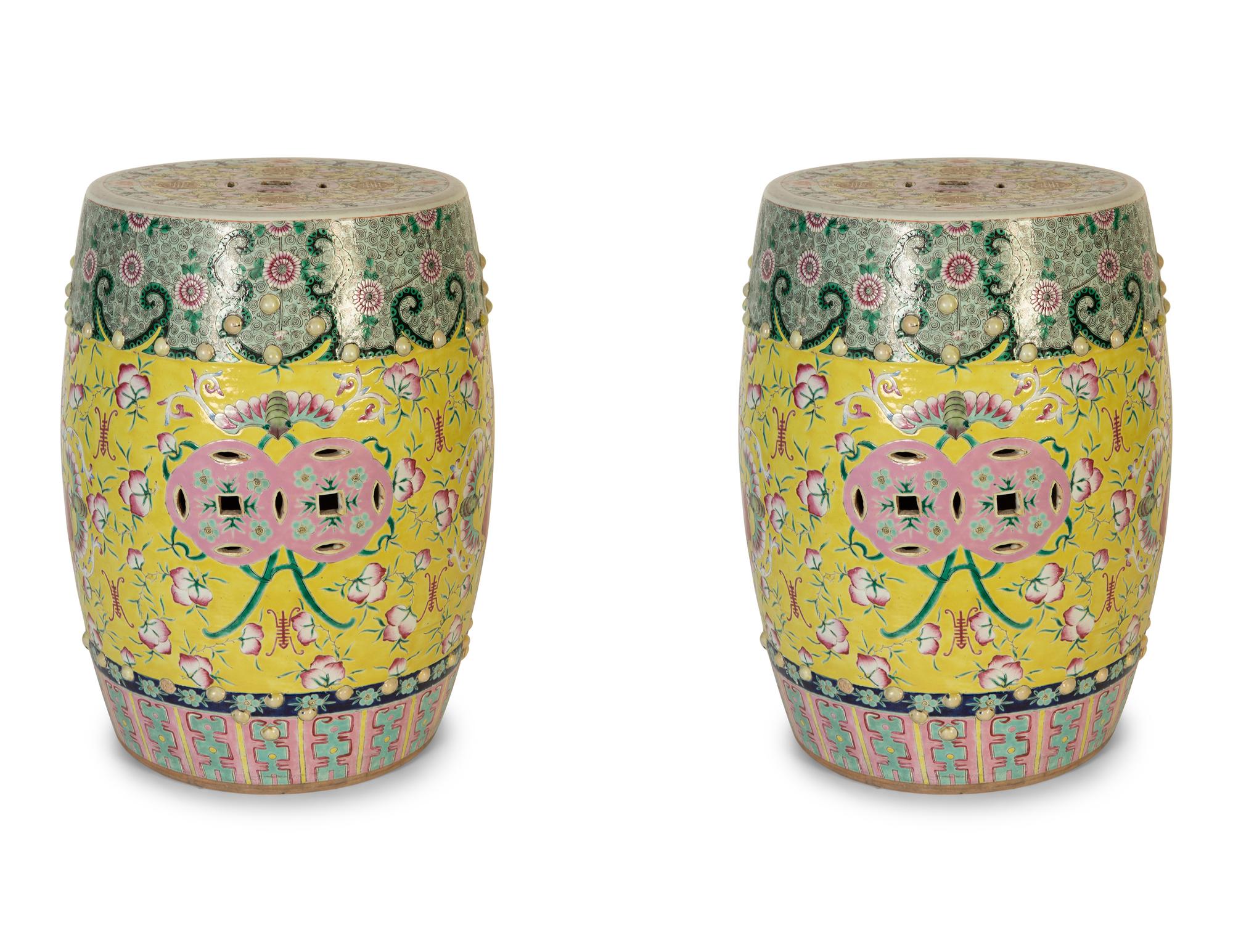 A Pair of Chinese Export Famille Jaune Porcelain Garden Seats