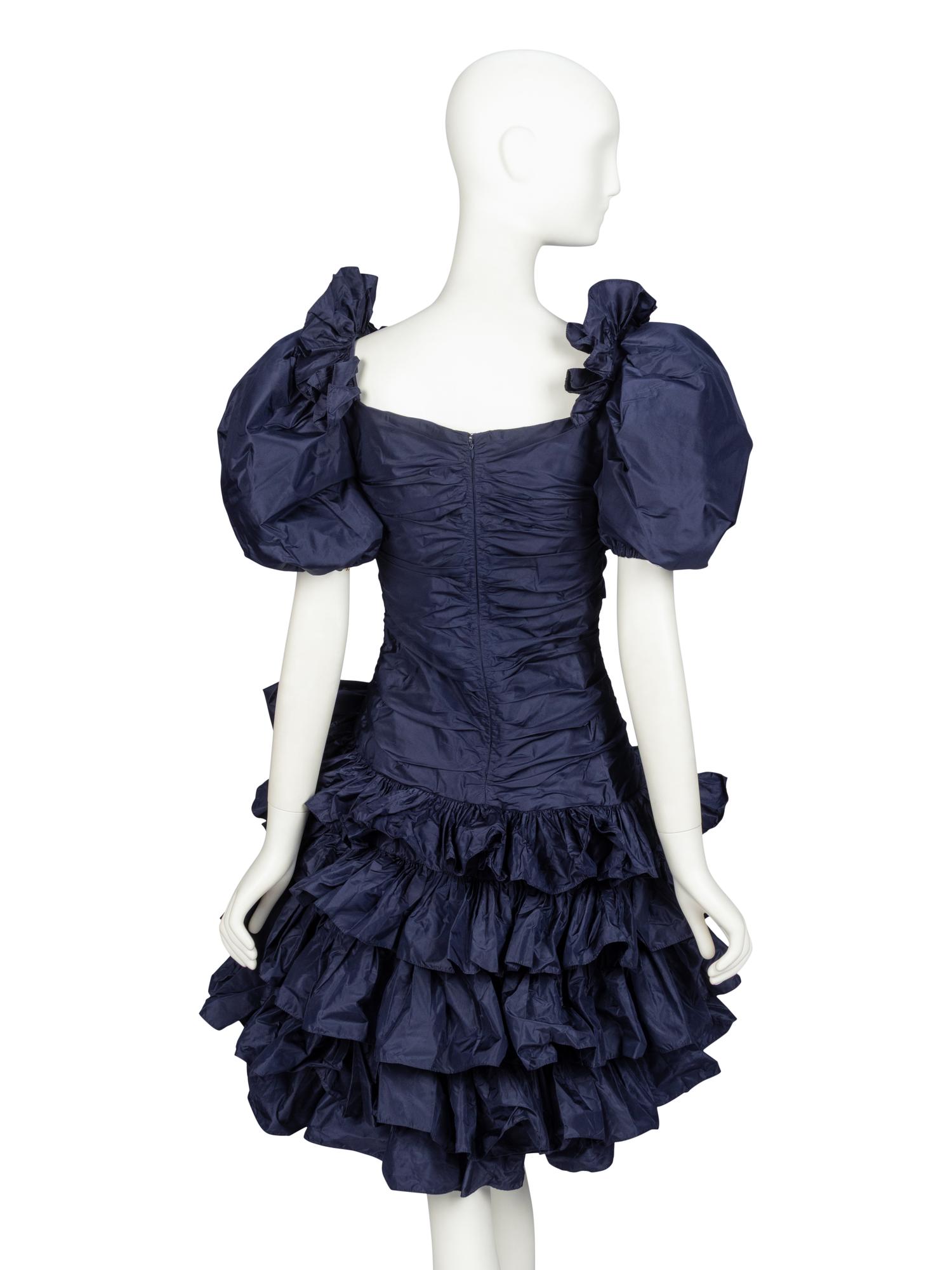 Oscar de la Renta, Navy Taffeta Ruffle Cocktail Dress, 1980s Runway Sample